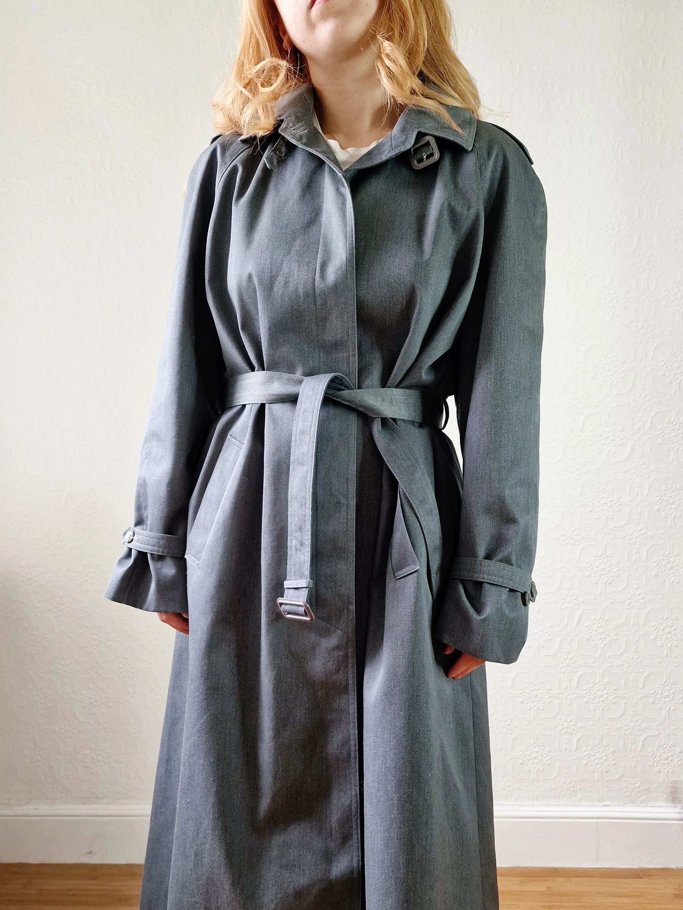 Vintage Dark Green Denim Effect Single Breasted Trench Coat with Belt - L - Image 7