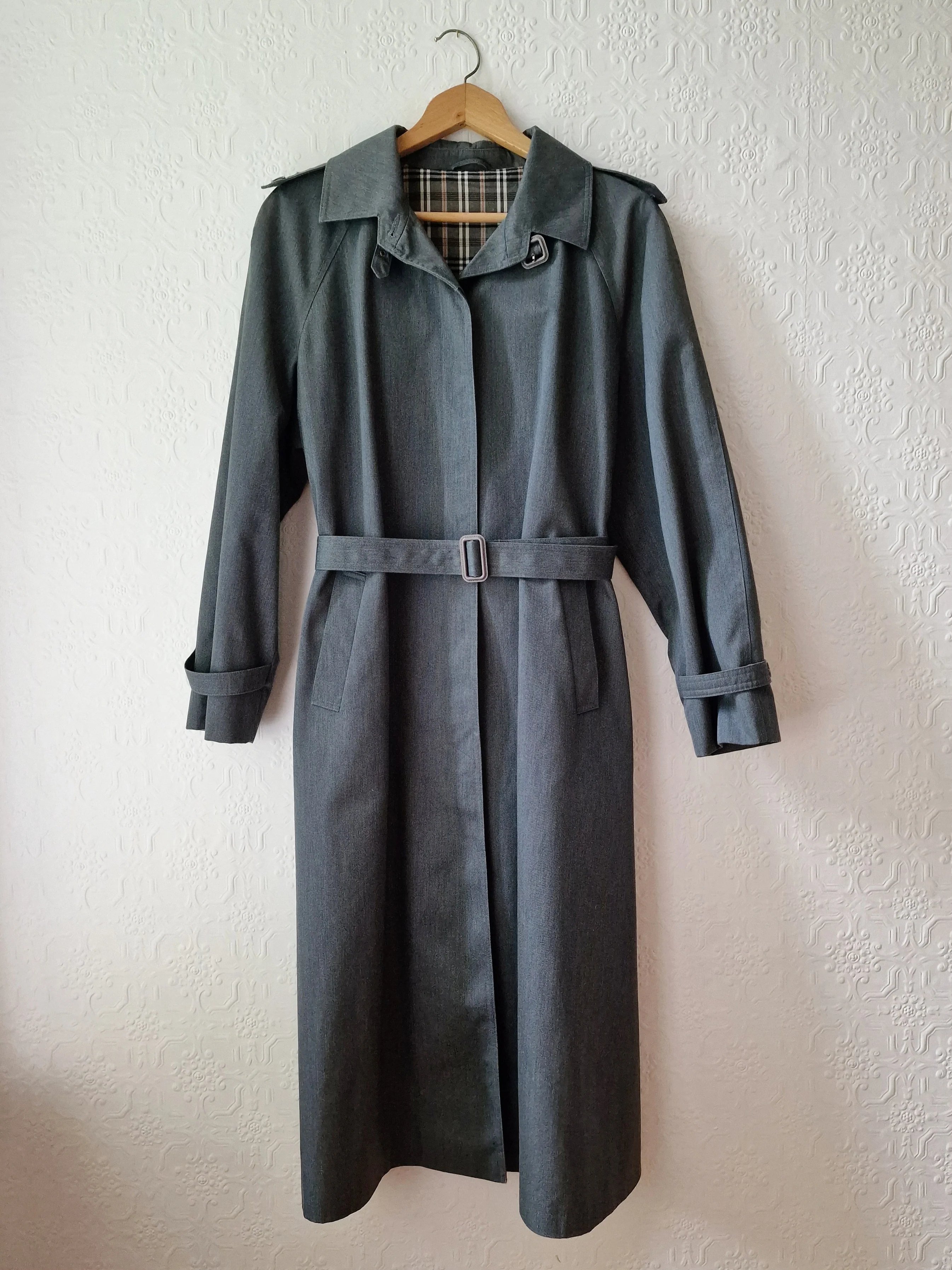 Vintage Dark Green Denim Effect Single Breasted Trench Coat with Belt - L - Image 8