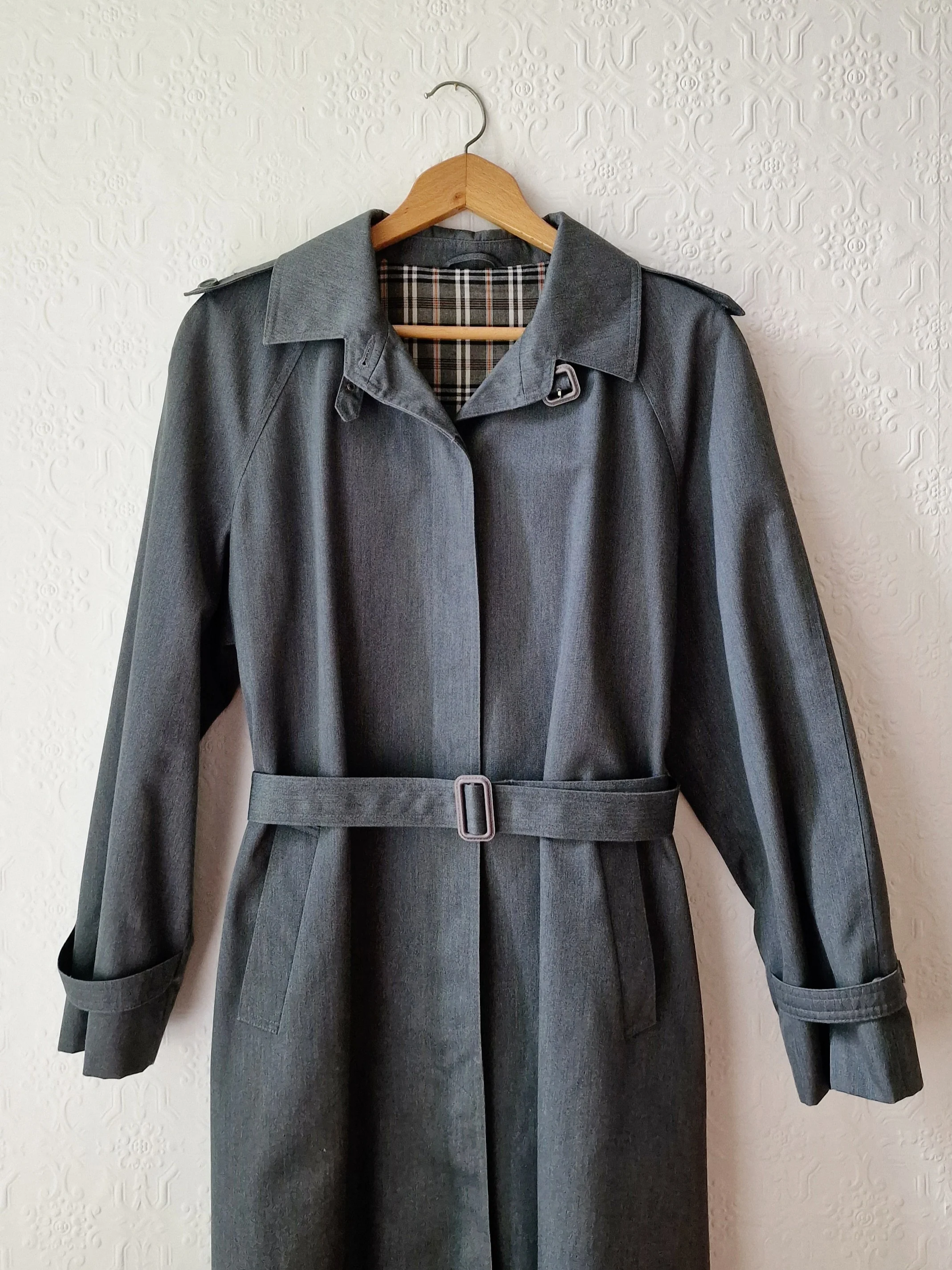 Vintage Dark Green Denim Effect Single Breasted Trench Coat with Belt - L - Image 9
