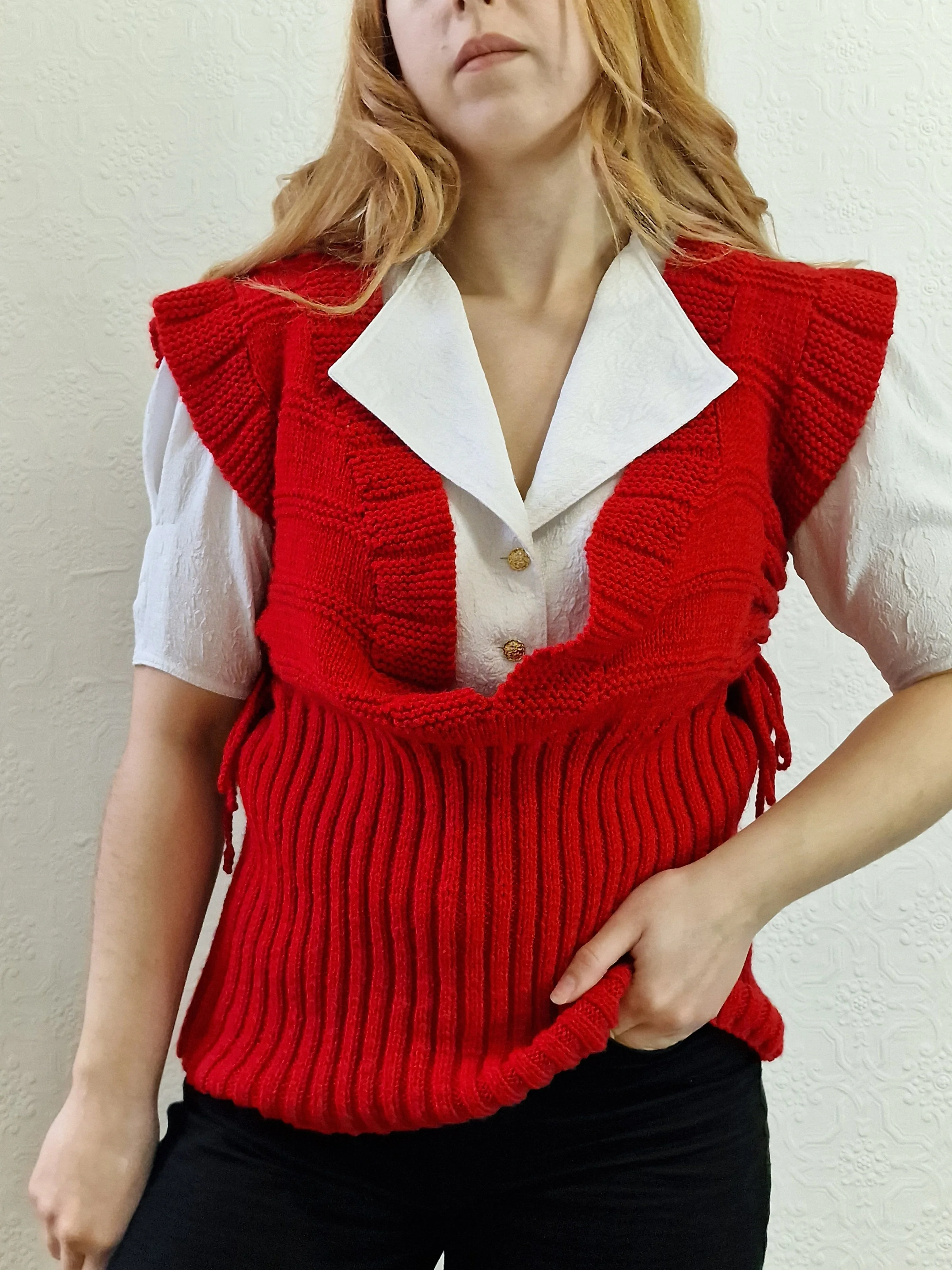 Vintage Handknitted Red V-Neck Vest with Drawstring Sides - M/L - Image 2