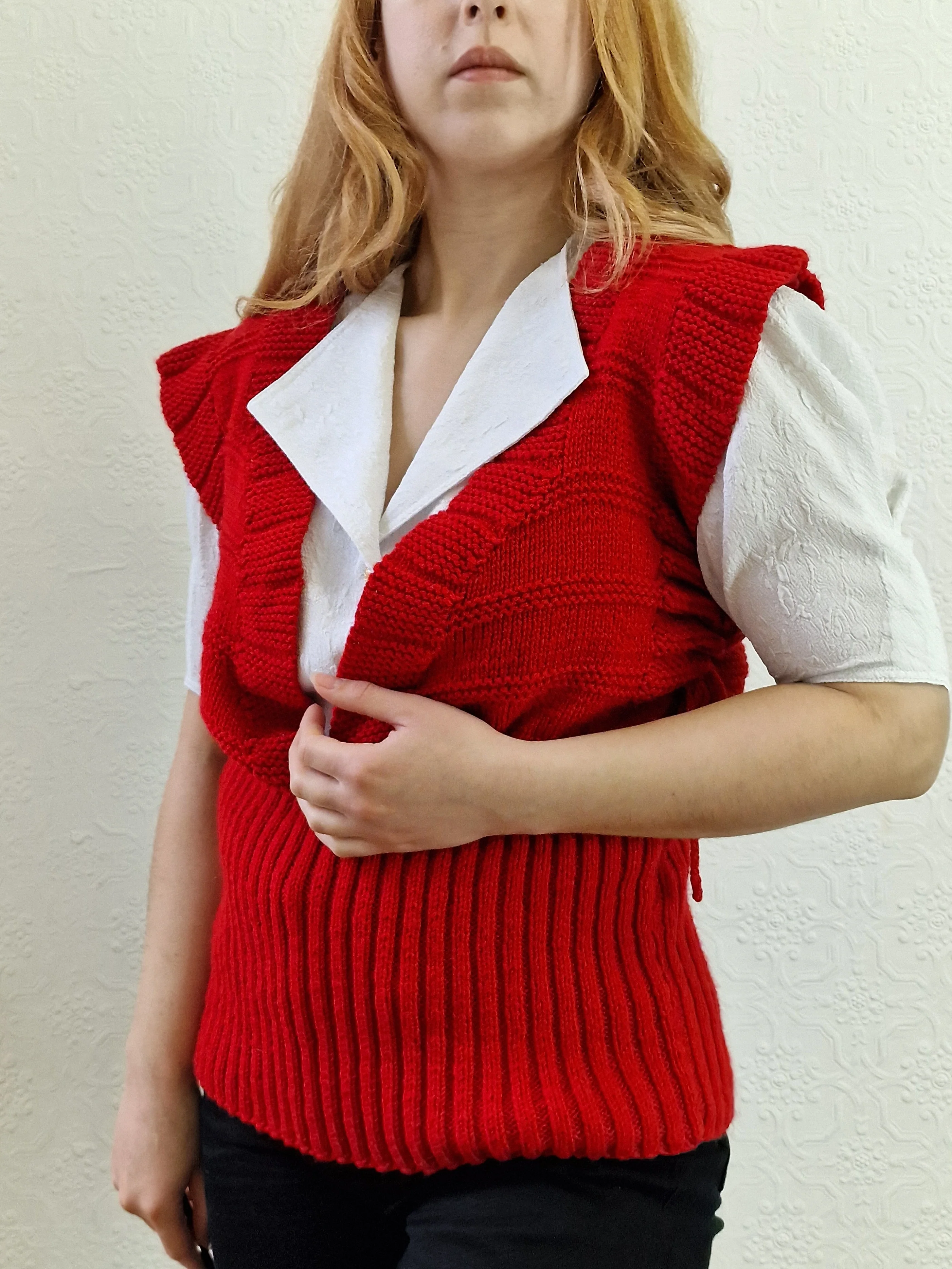 Vintage Handknitted Red V-Neck Vest with Drawstring Sides - M/L - Image 3