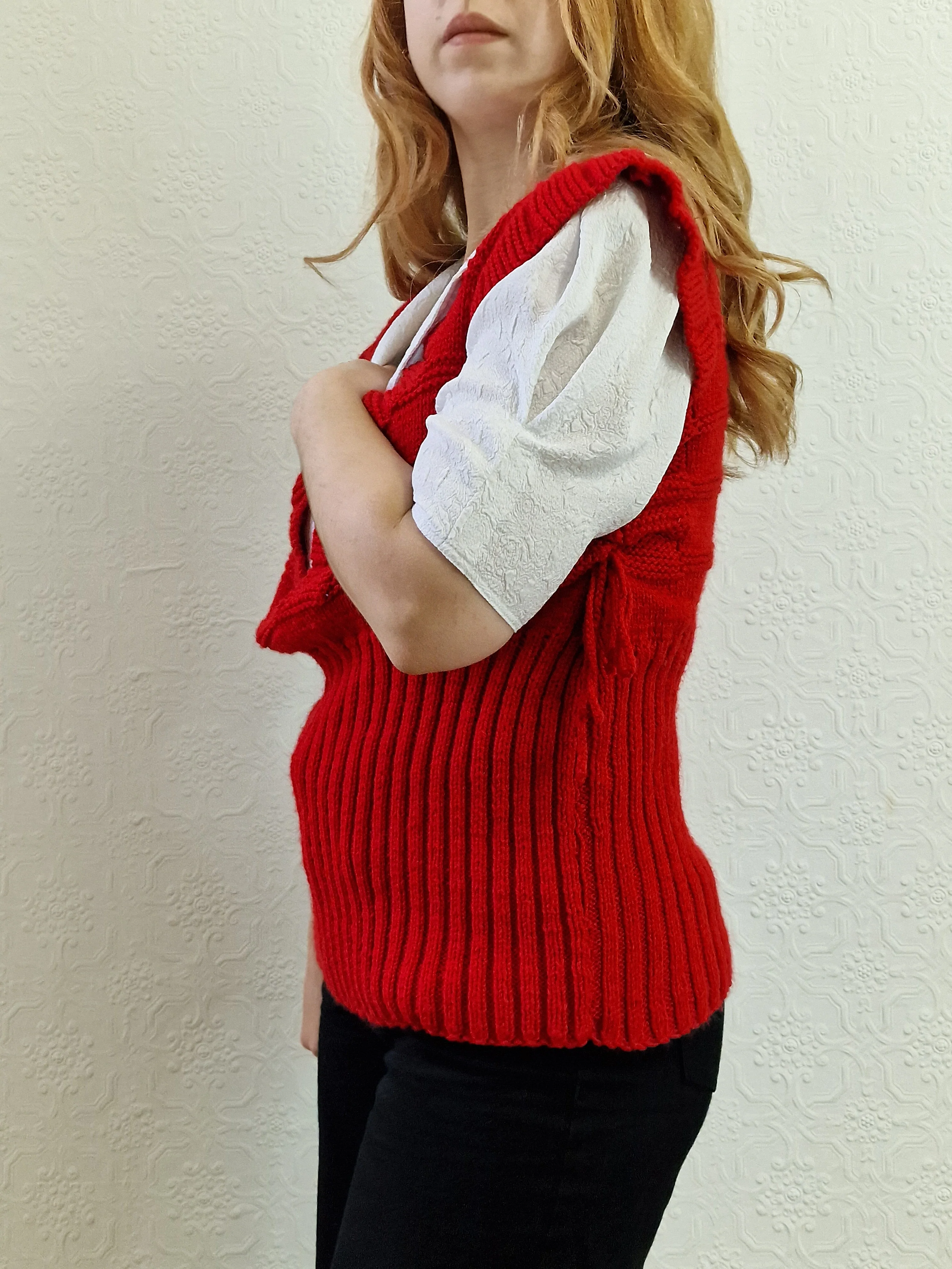 Vintage Handknitted Red V-Neck Vest with Drawstring Sides - M/L - Image 4