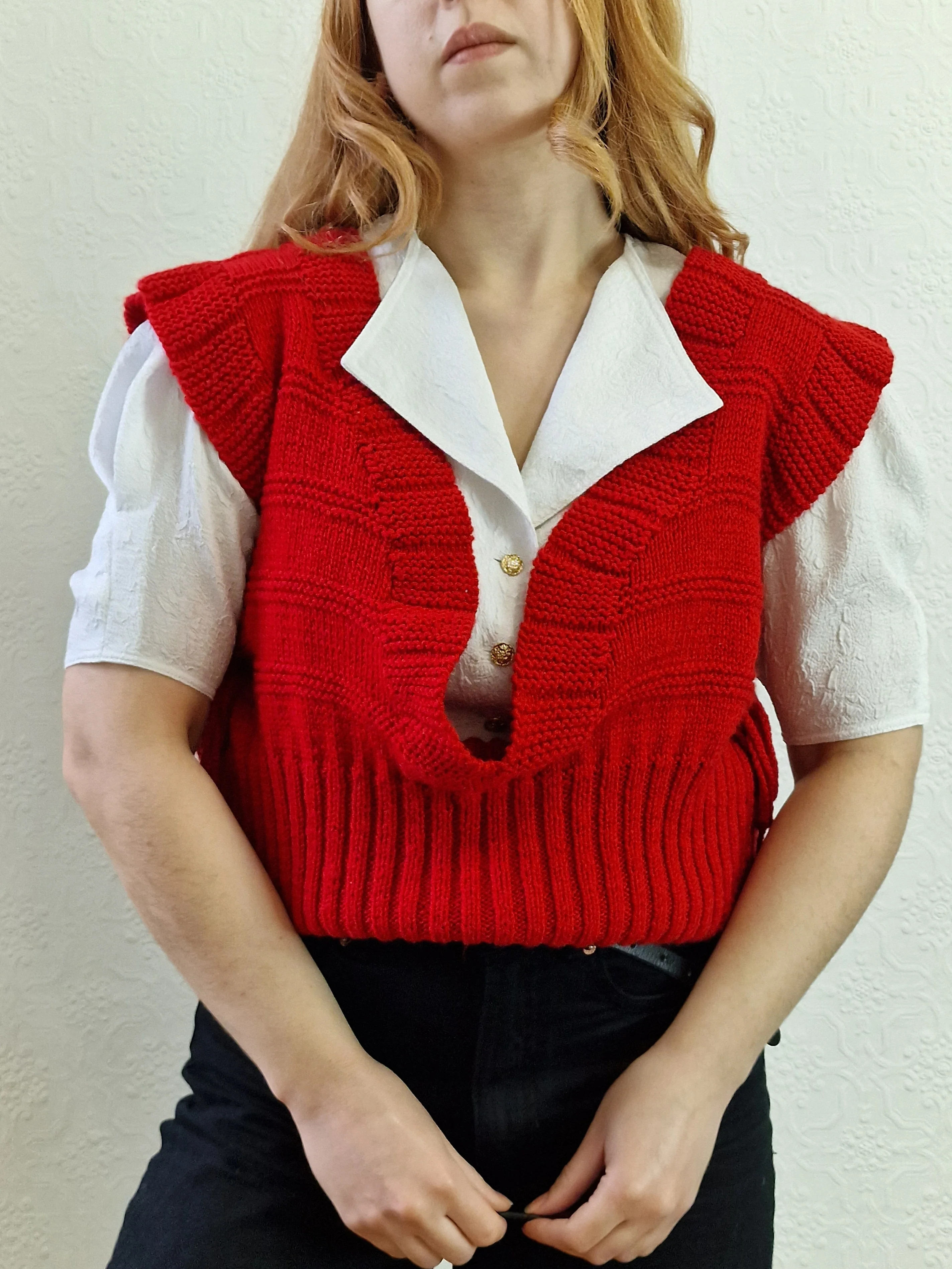 Vintage Handknitted Red V-Neck Vest with Drawstring Sides - M/L - Image 6