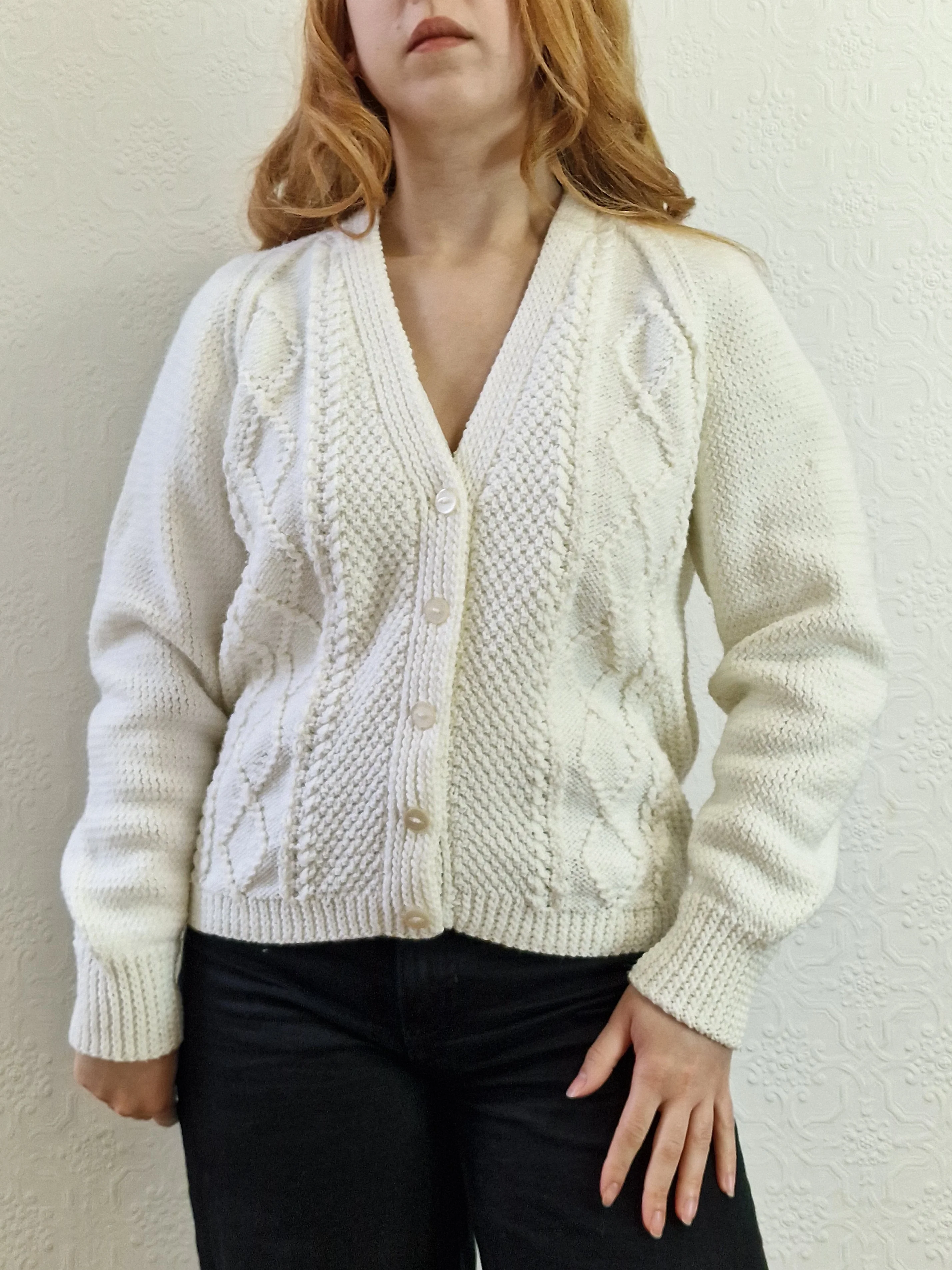 Vintage 80s Handknitted Cream V-Neck Cardigan - S/M - Image 8