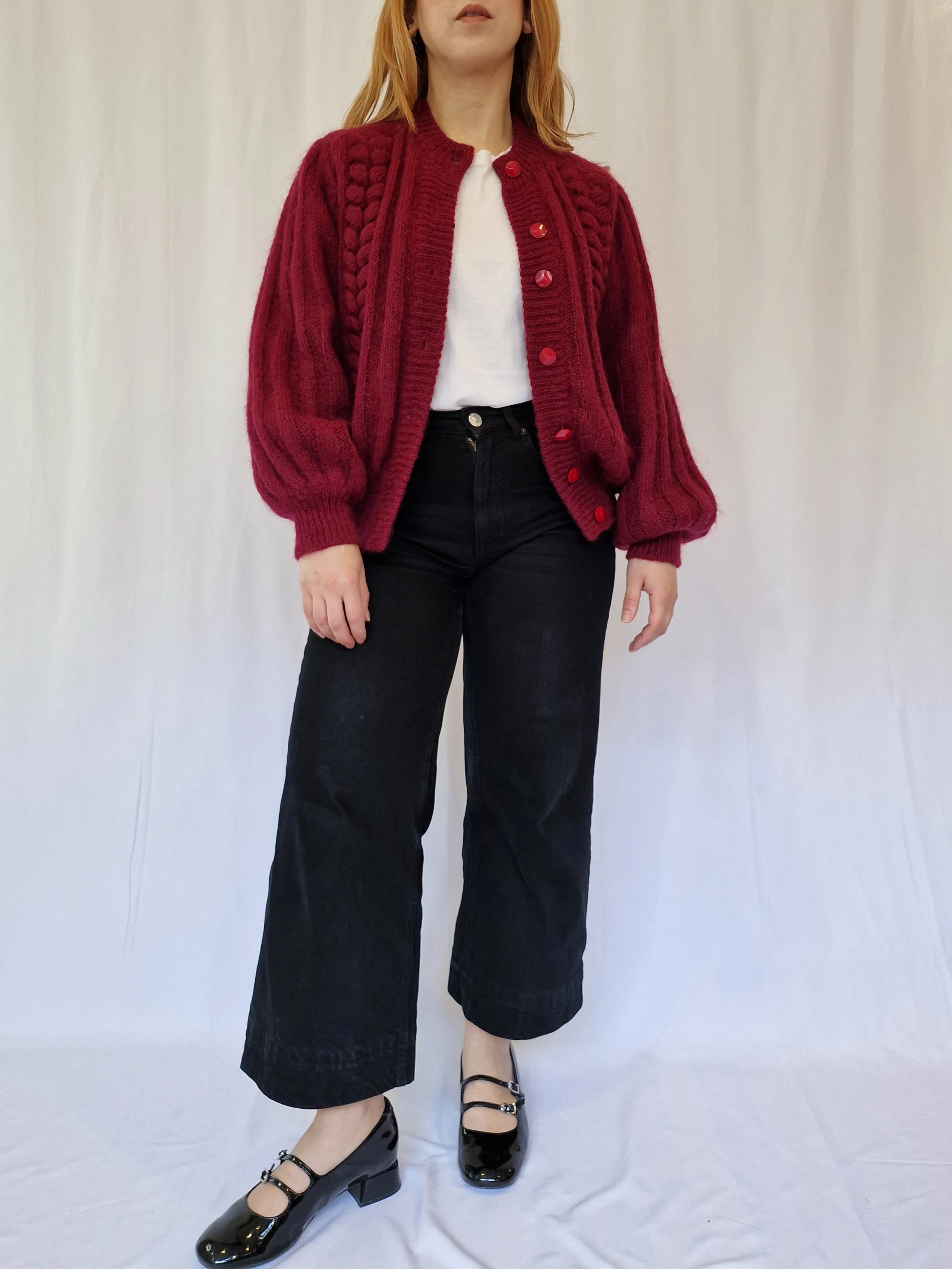 Vintage 80s Burgundy Red Knitted Crew Neck Mohair Cardigan - M/L - Image 2