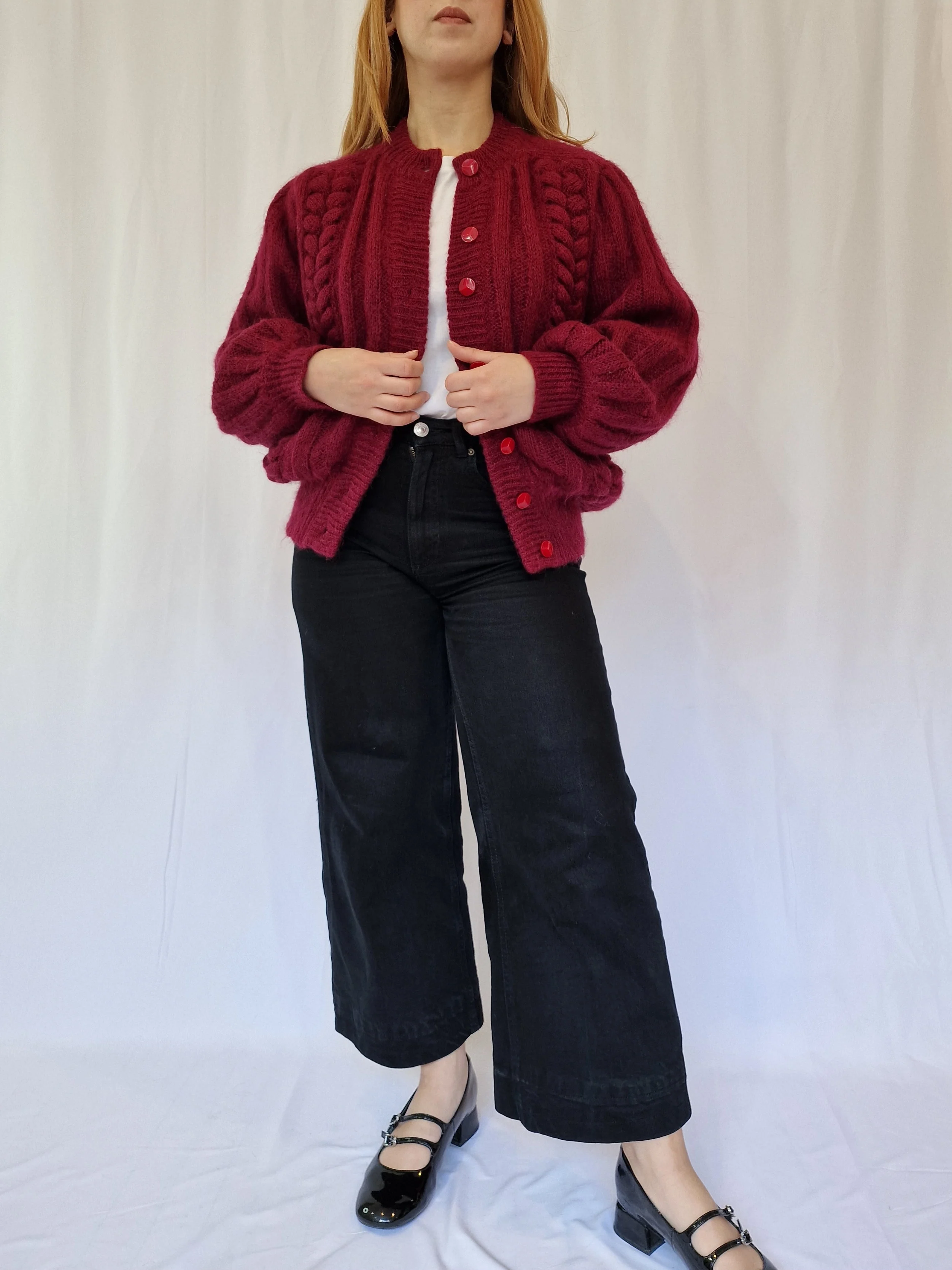 Vintage 80s Burgundy Red Knitted Crew Neck Mohair Cardigan - M/L - Image 3