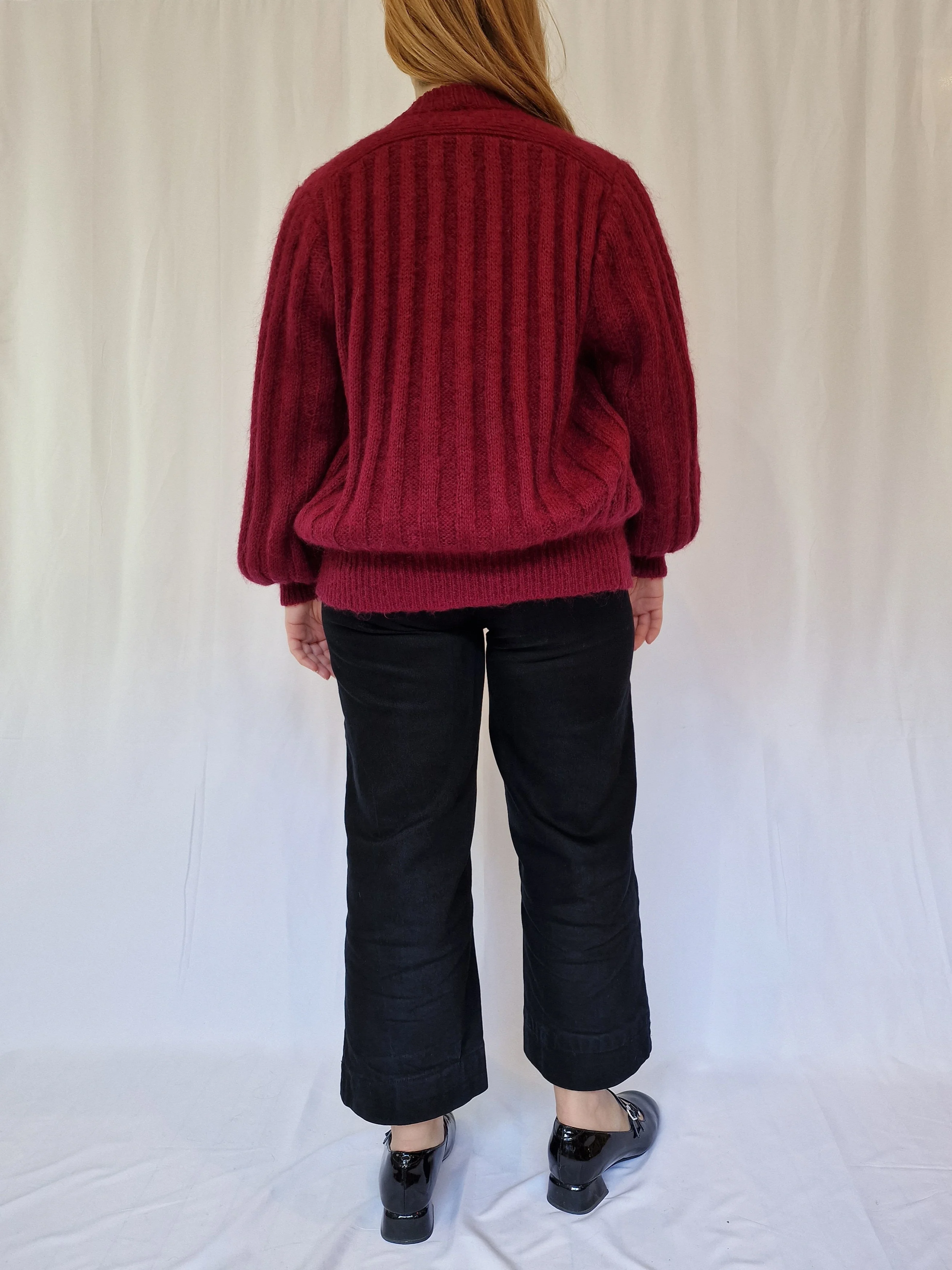 Vintage 80s Burgundy Red Knitted Crew Neck Mohair Cardigan - M/L - Image 4