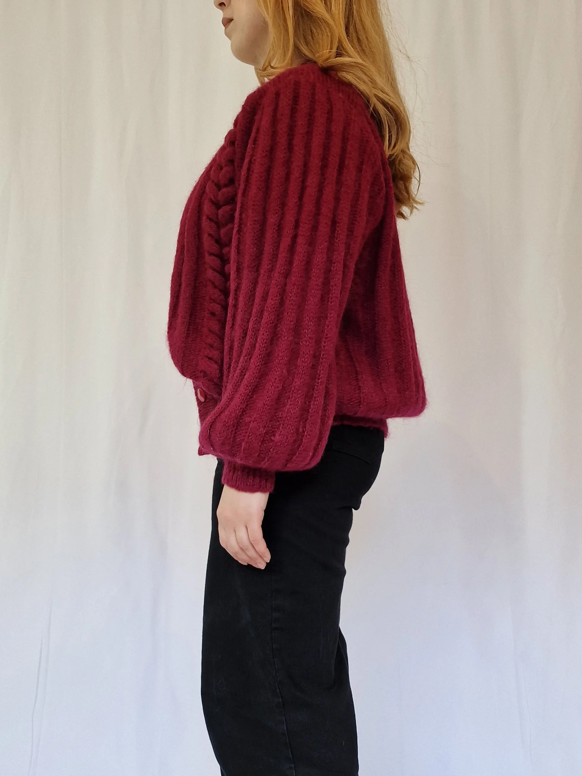 Vintage 80s Burgundy Red Knitted Crew Neck Mohair Cardigan - M/L - Image 5