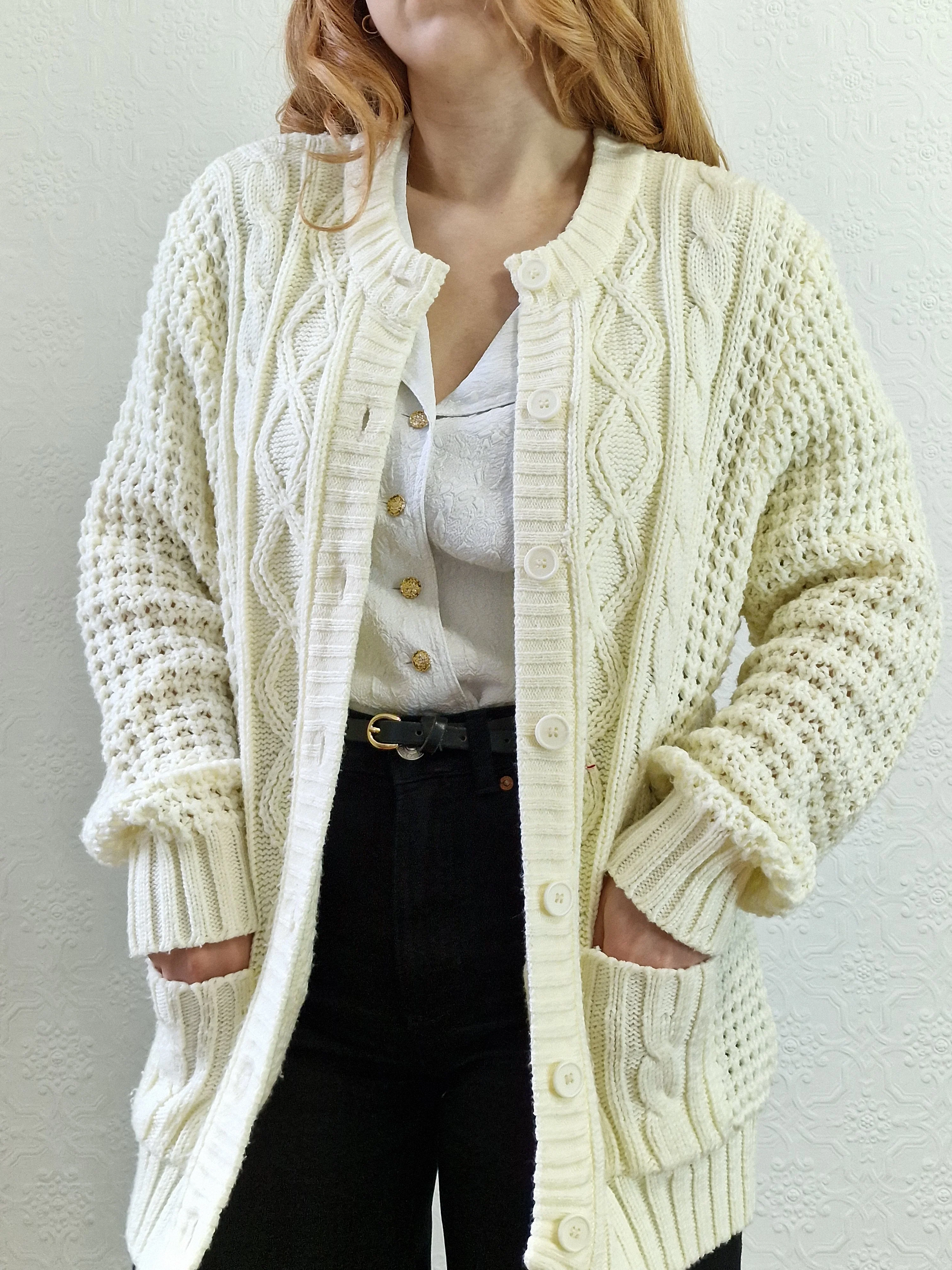 Vintage Handknitted Crew Neck Long Cream Aran Cardigan - M - Image 2