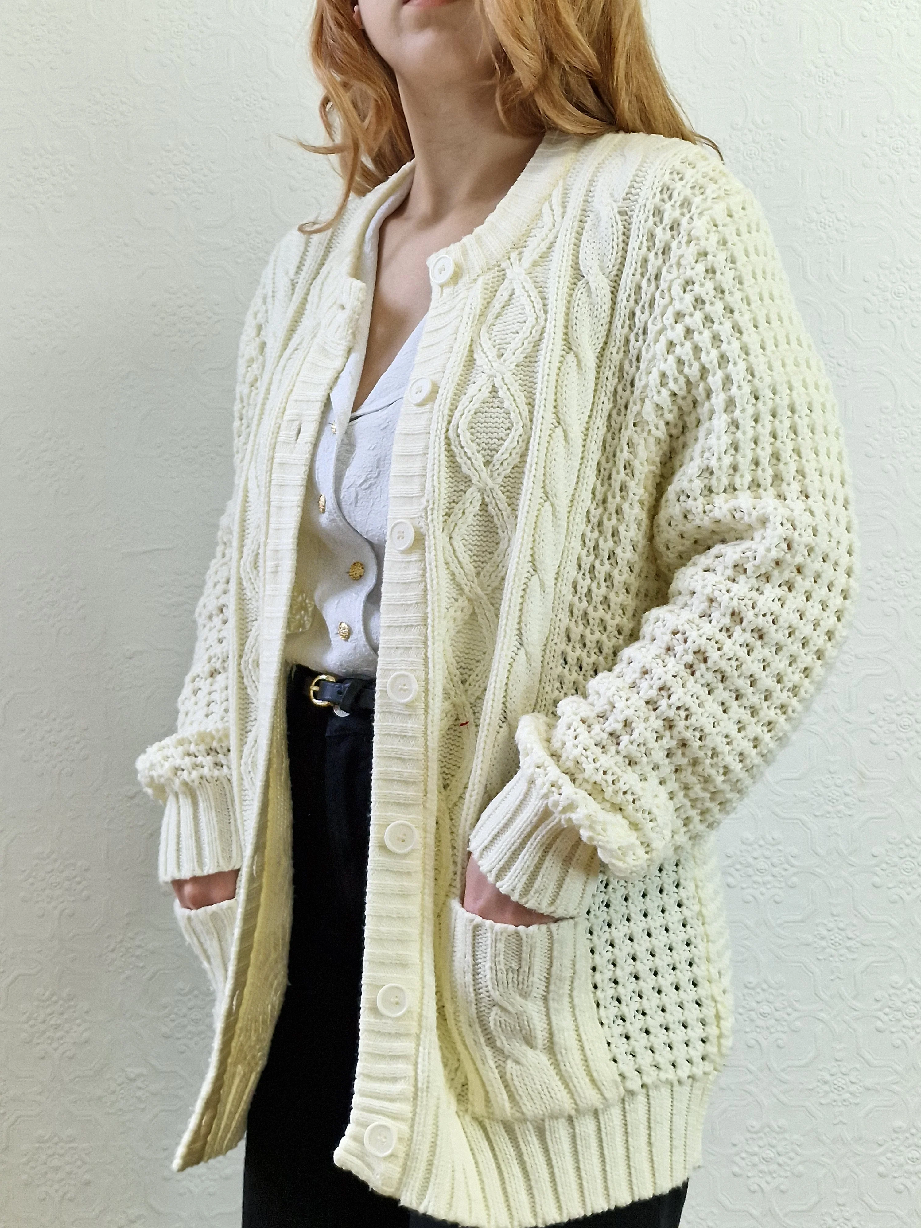 Vintage Handknitted Crew Neck Long Cream Aran Cardigan - M - Image 3