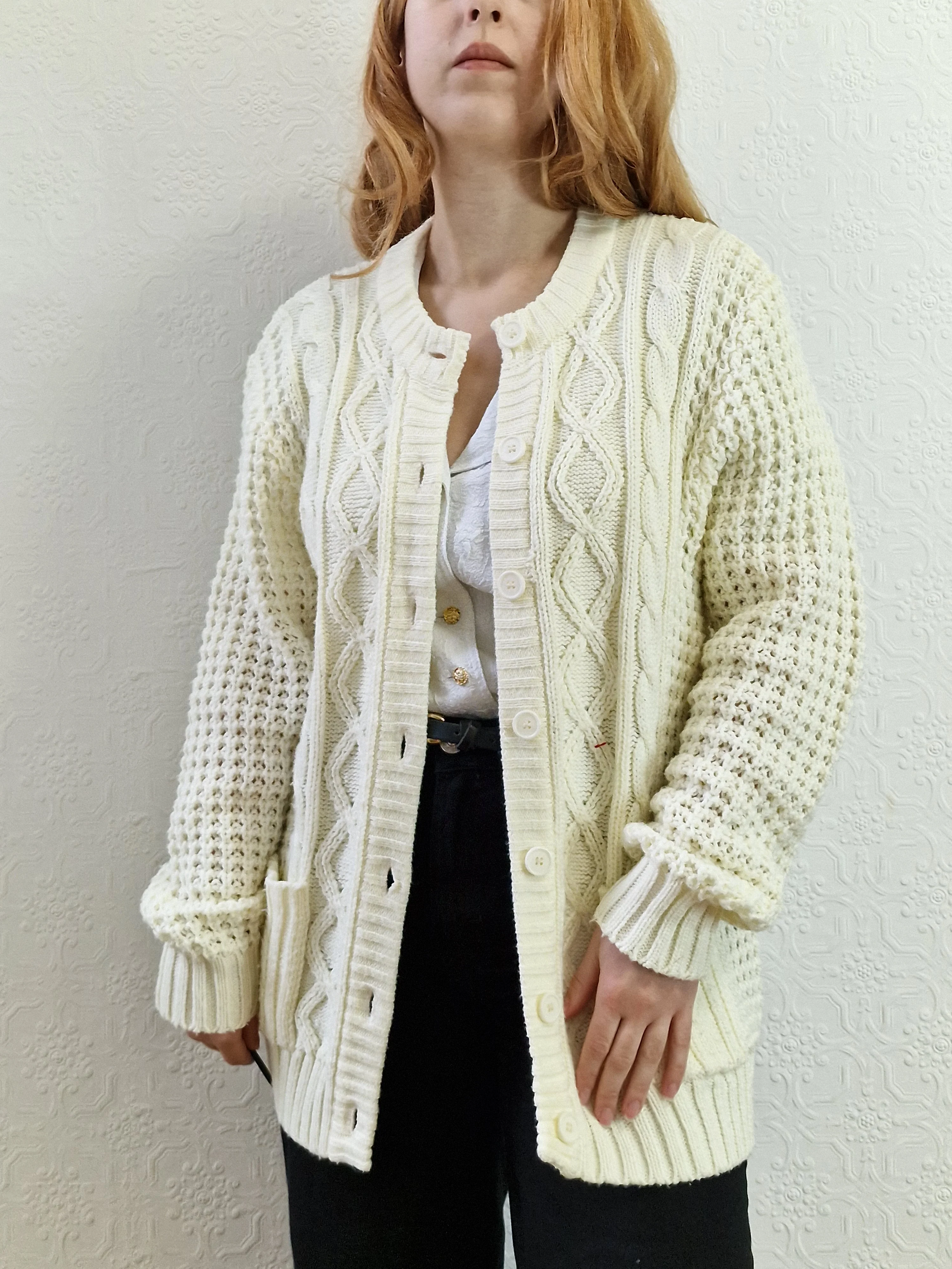 Vintage Handknitted Crew Neck Long Cream Aran Cardigan - M - Image 4