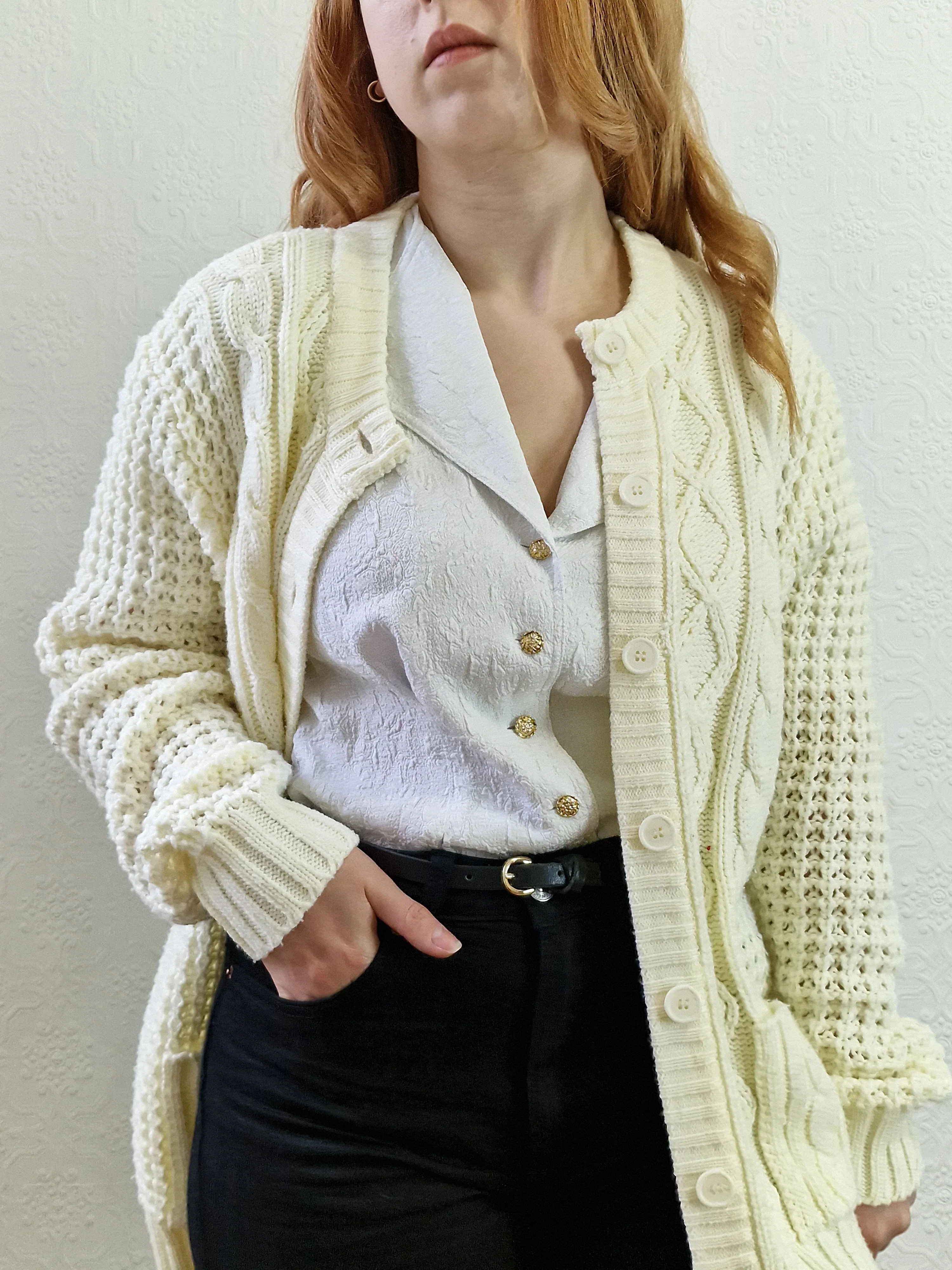 Vintage Handknitted Crew Neck Long Cream Aran Cardigan - M - Image 5