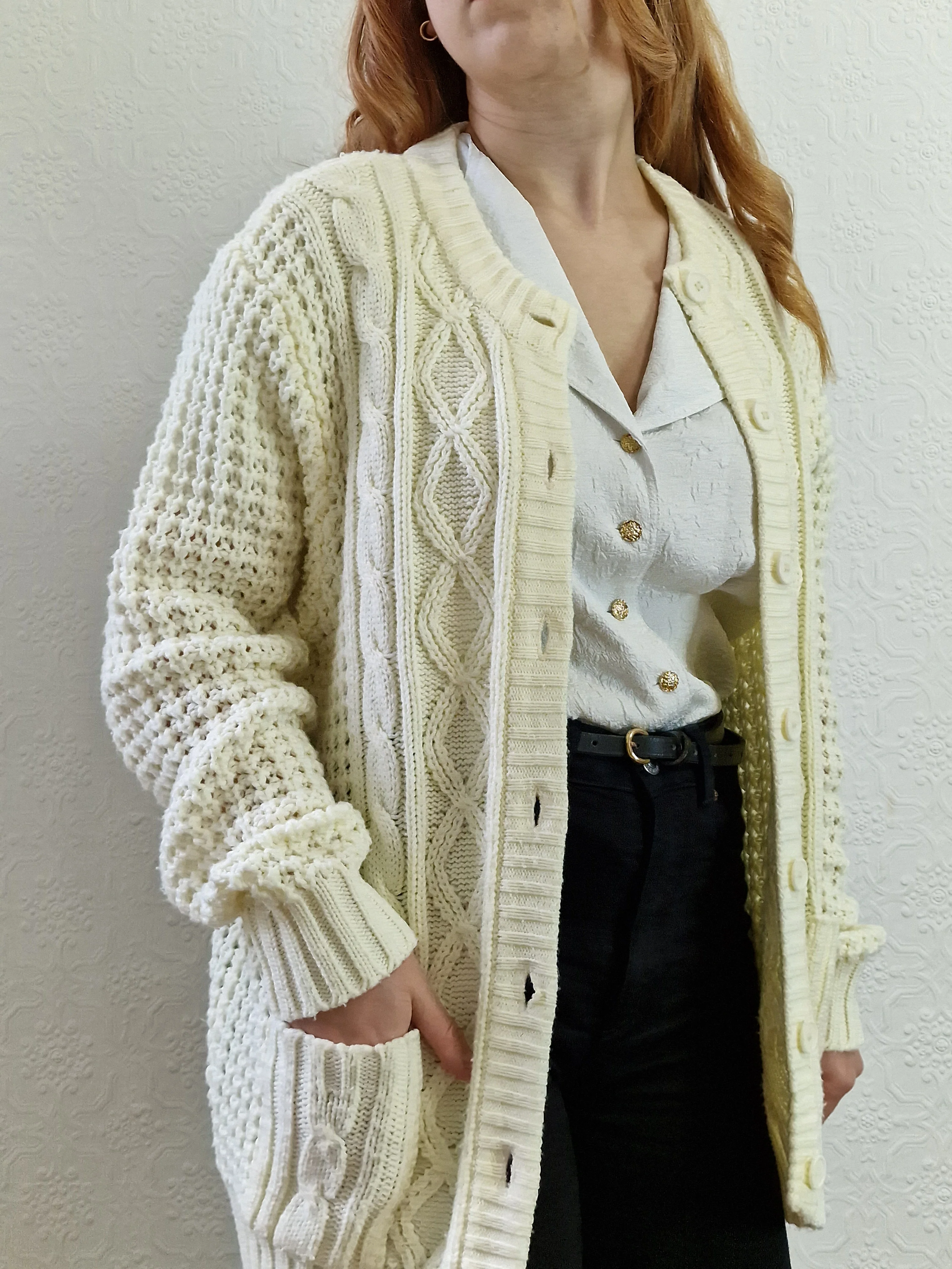 Vintage Handknitted Crew Neck Long Cream Aran Cardigan - M - Image 6