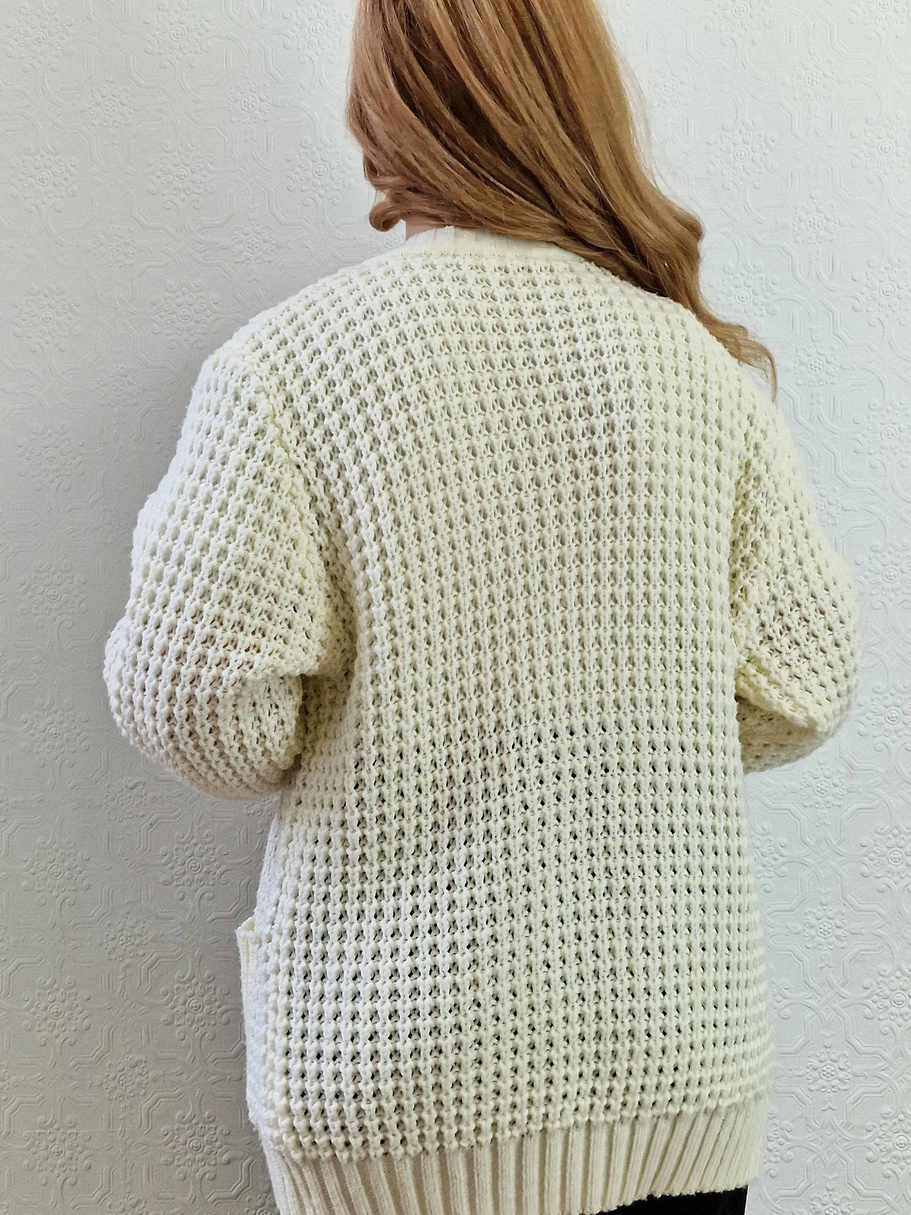 Vintage Handknitted Crew Neck Long Cream Aran Cardigan - M - Image 7