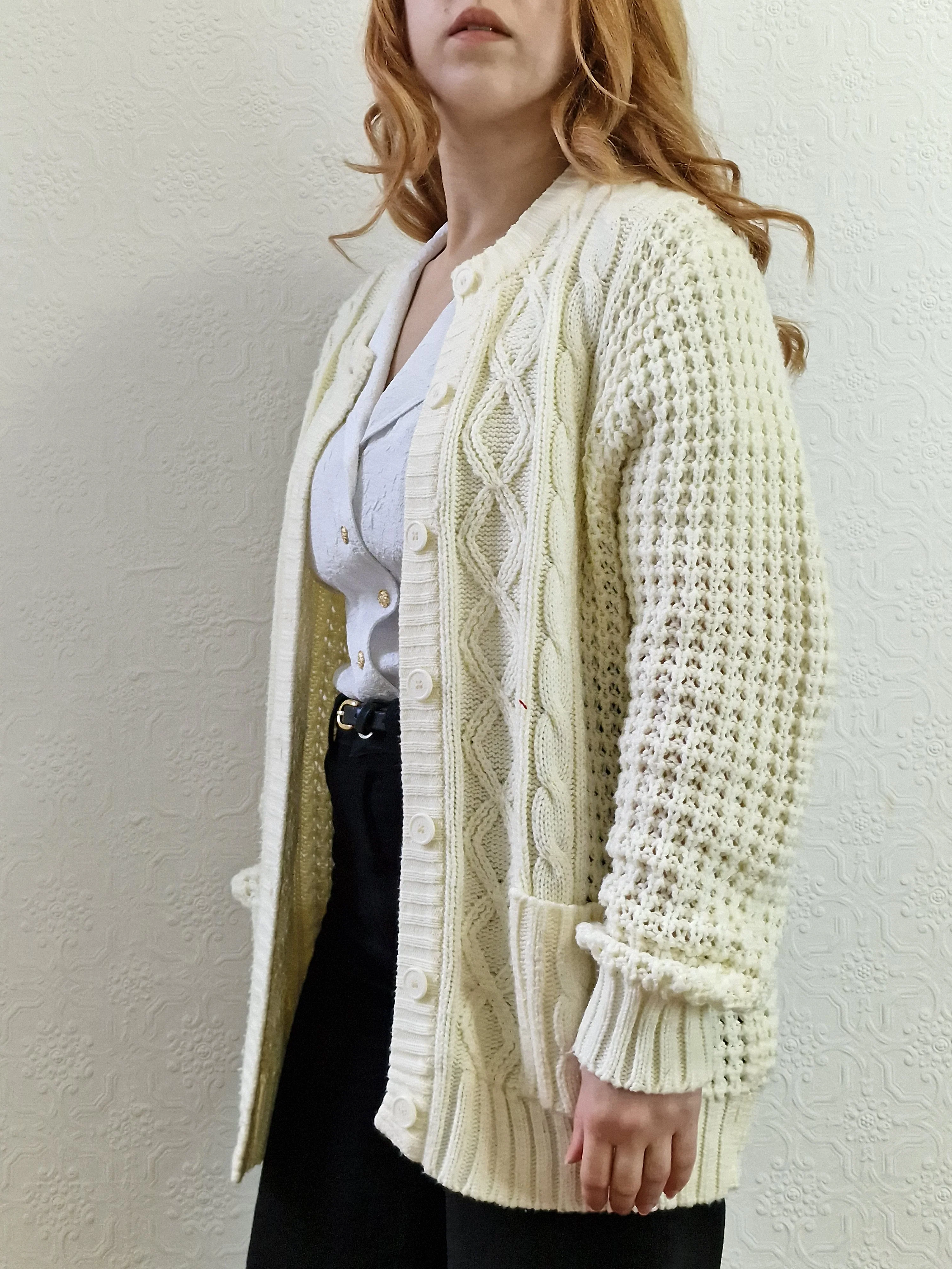 Vintage Handknitted Crew Neck Long Cream Aran Cardigan - M - Image 8