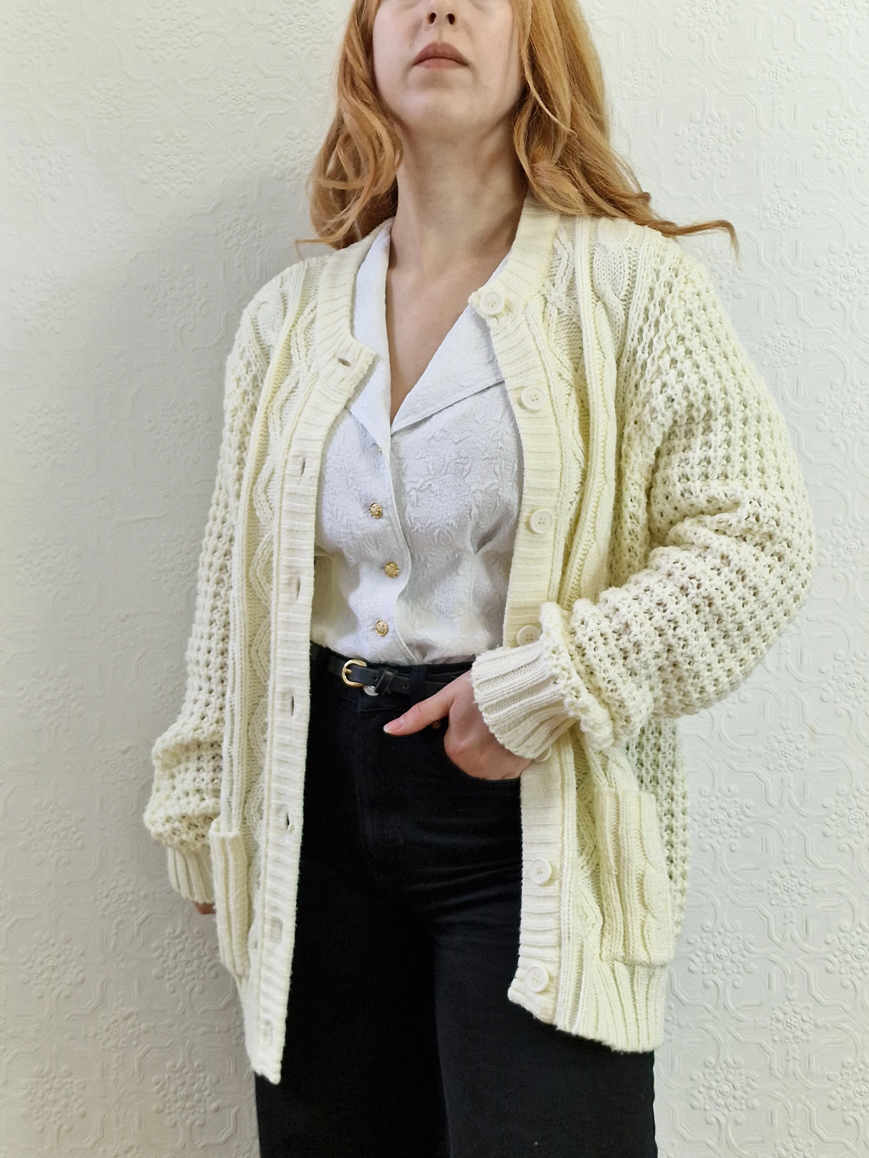 Vintage Handknitted Crew Neck Long Cream Aran Cardigan - M - Image 9