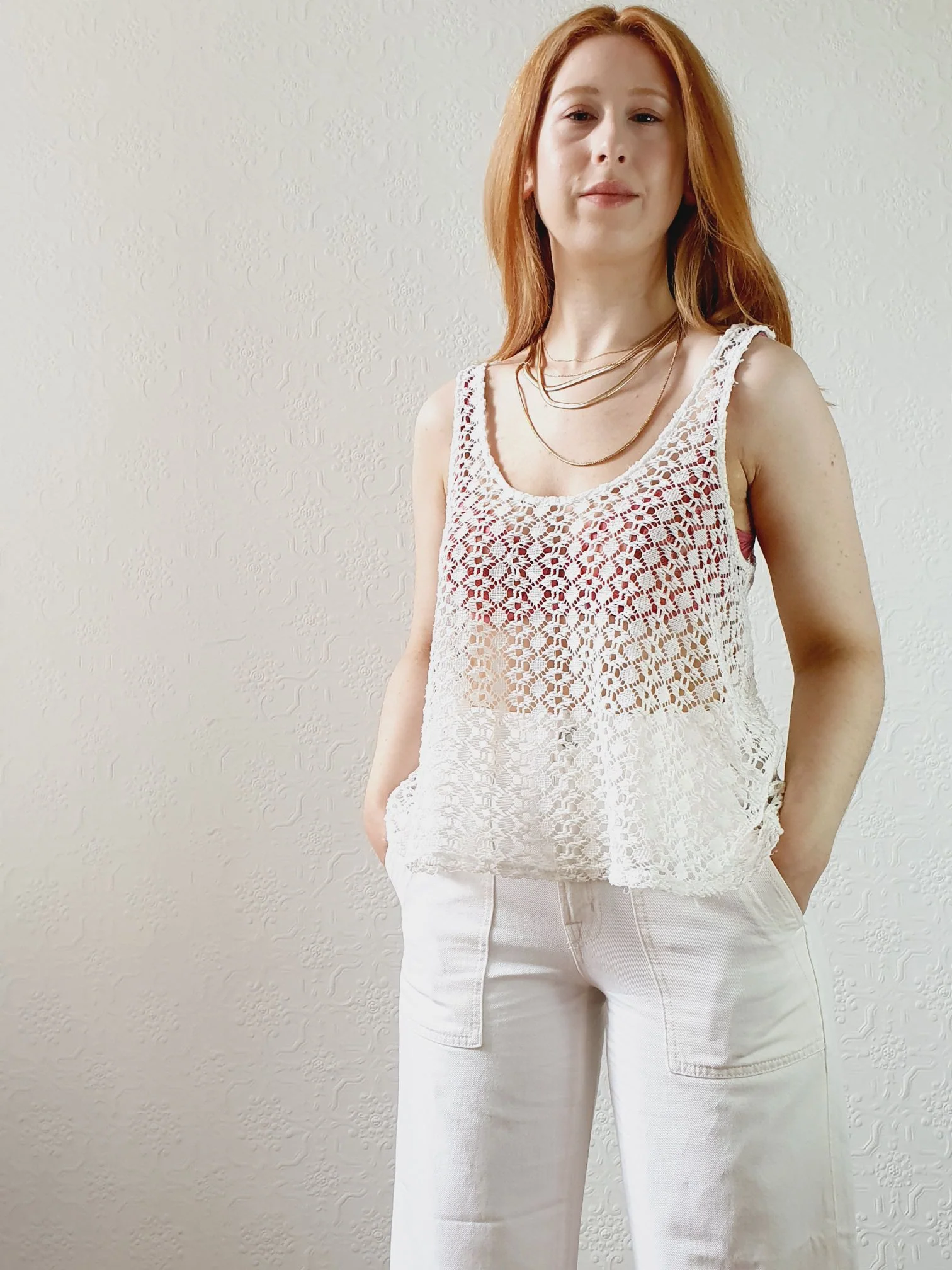 Cream Crochet Tank Top -S/M - Image 2