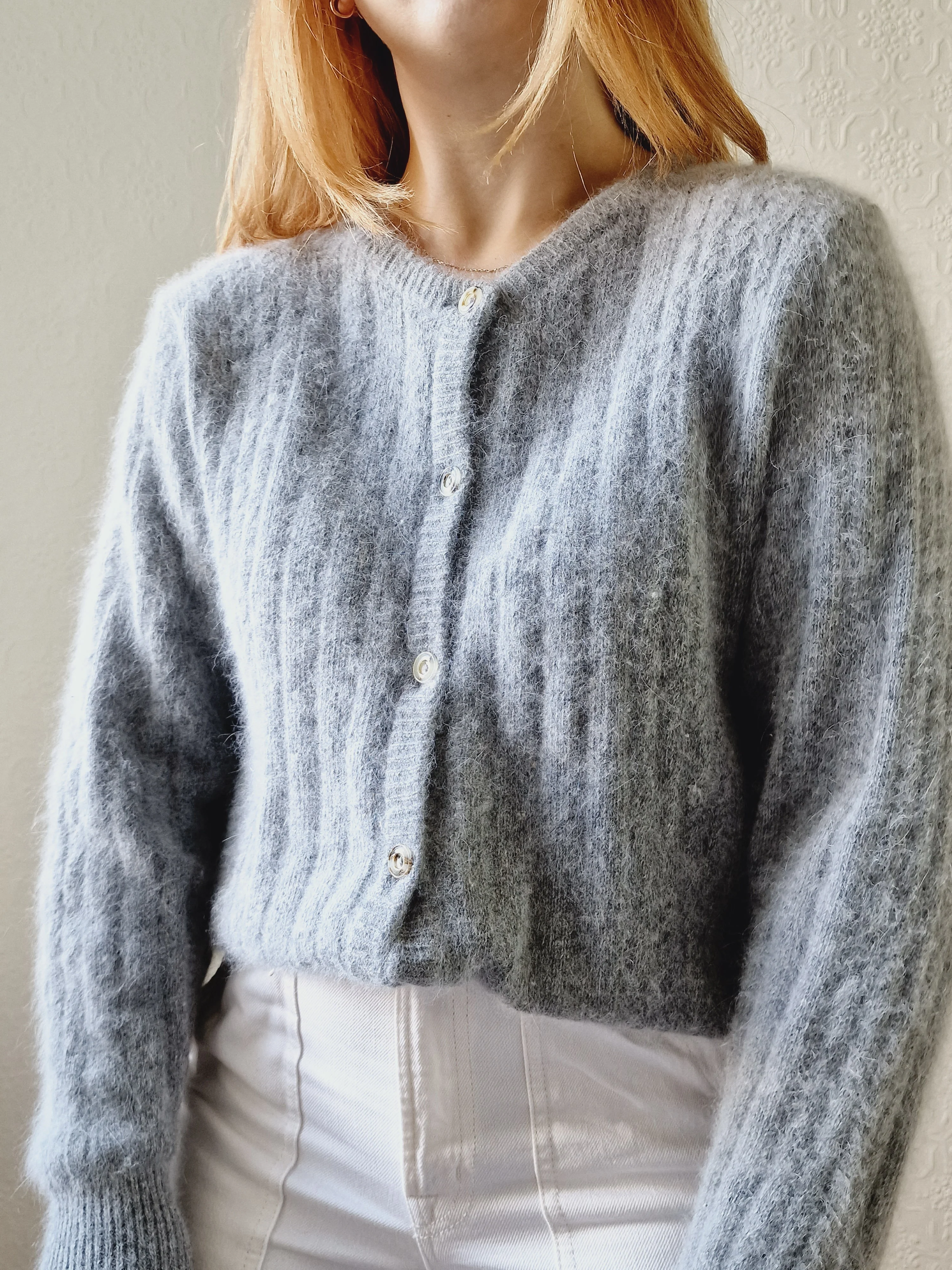 Vintage Grey Angora Cardigan with Round Neck - M/L
