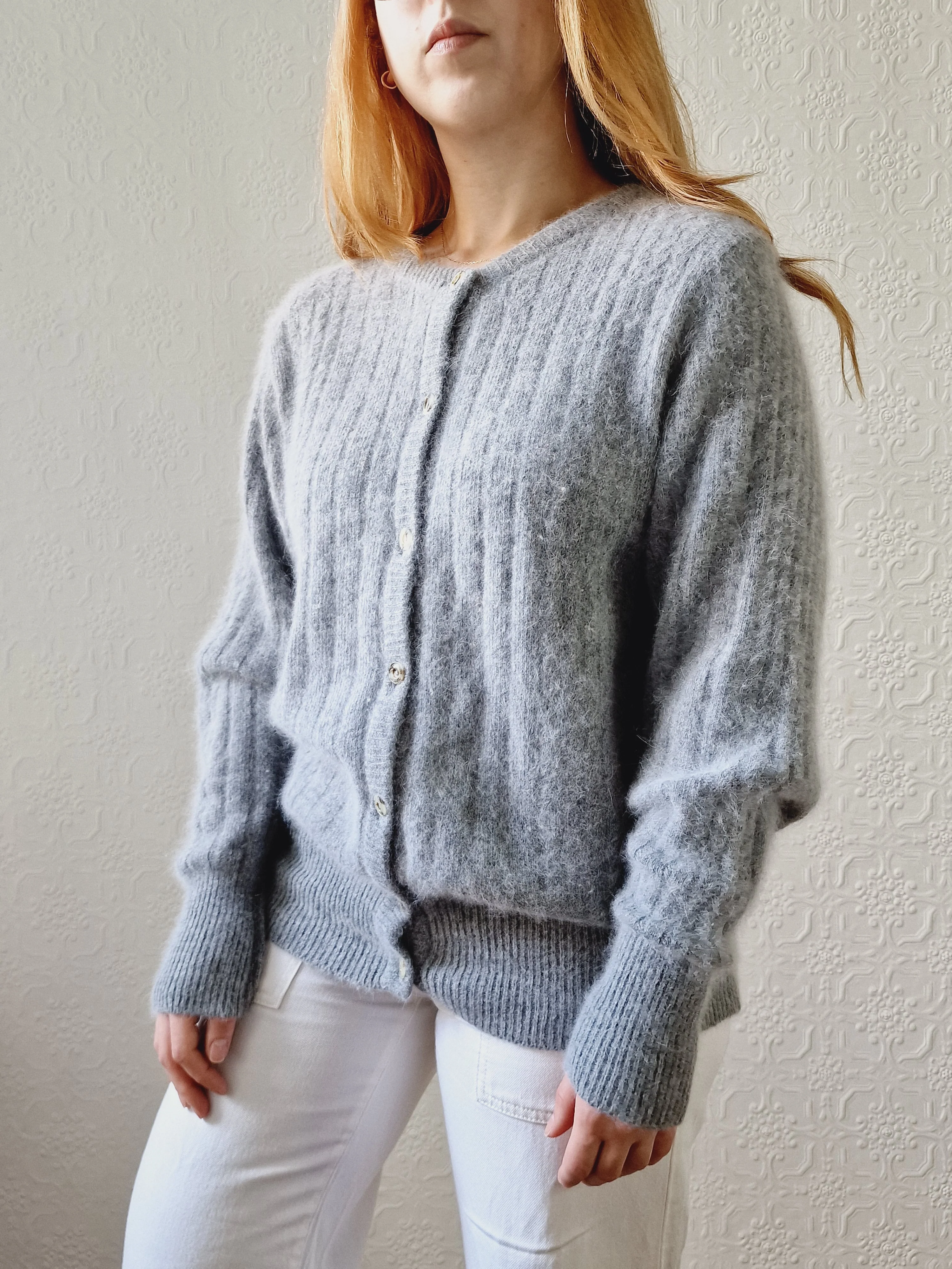 Vintage Grey Angora Cardigan with Round Neck - M/L - Image 2