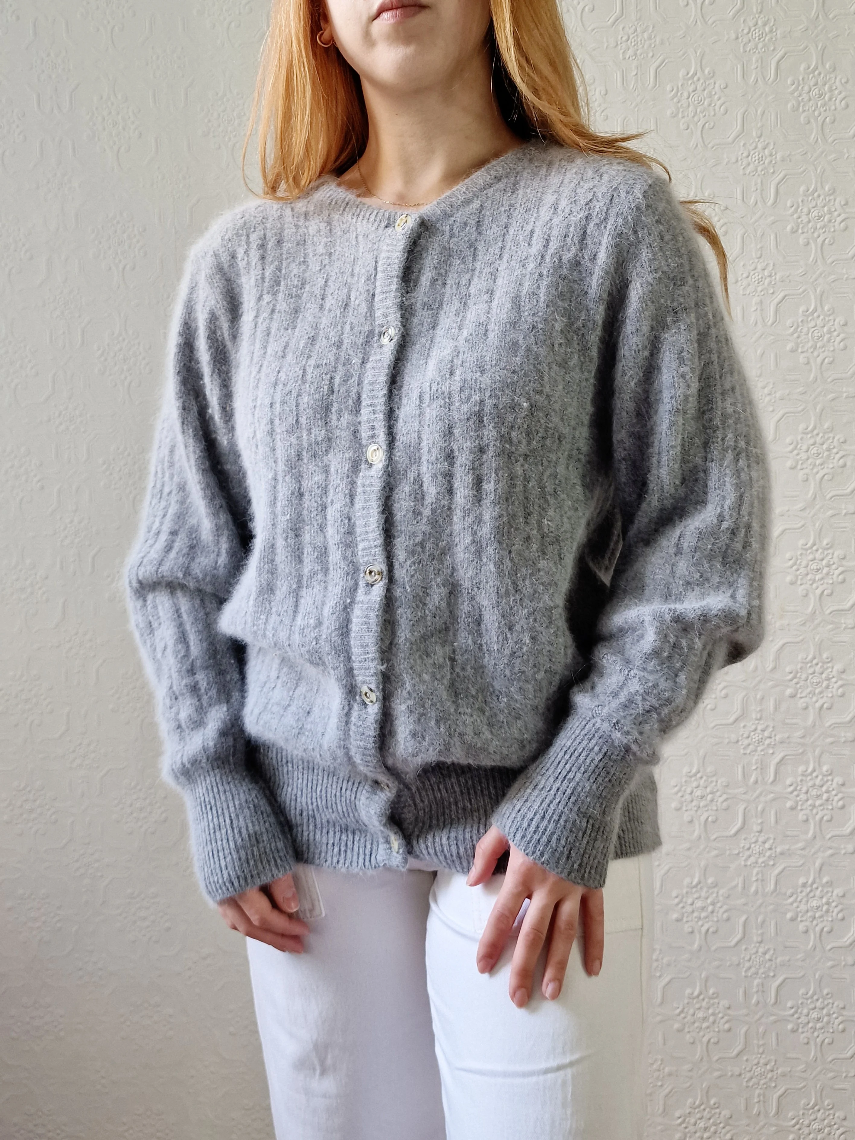 Vintage Grey Angora Cardigan with Round Neck - M/L - Image 6
