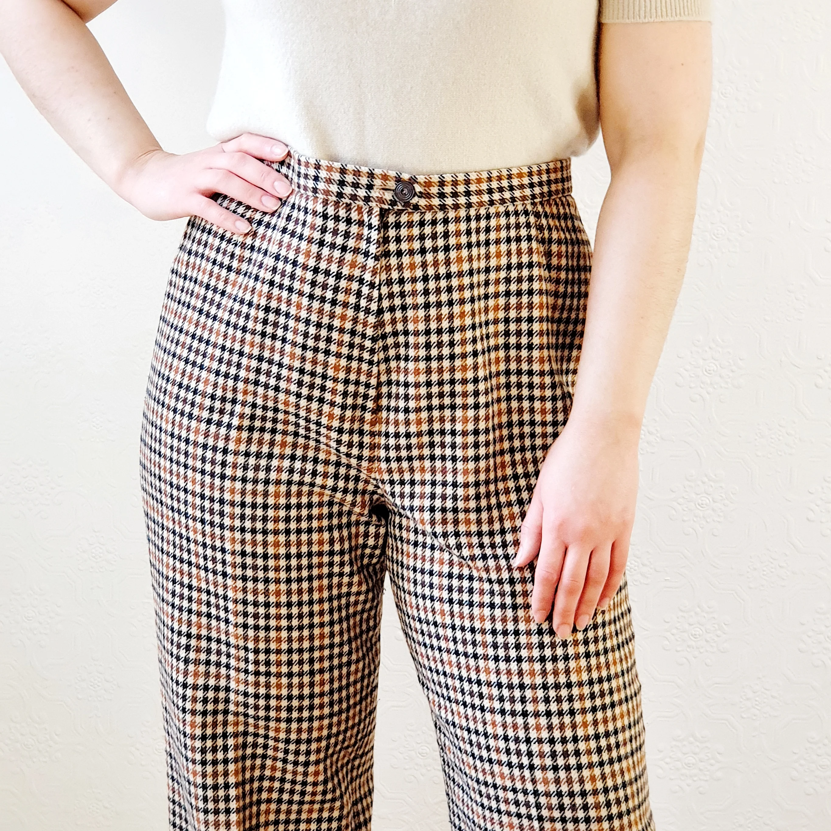 High Waisted Wool Check Trousers - M - Image 2