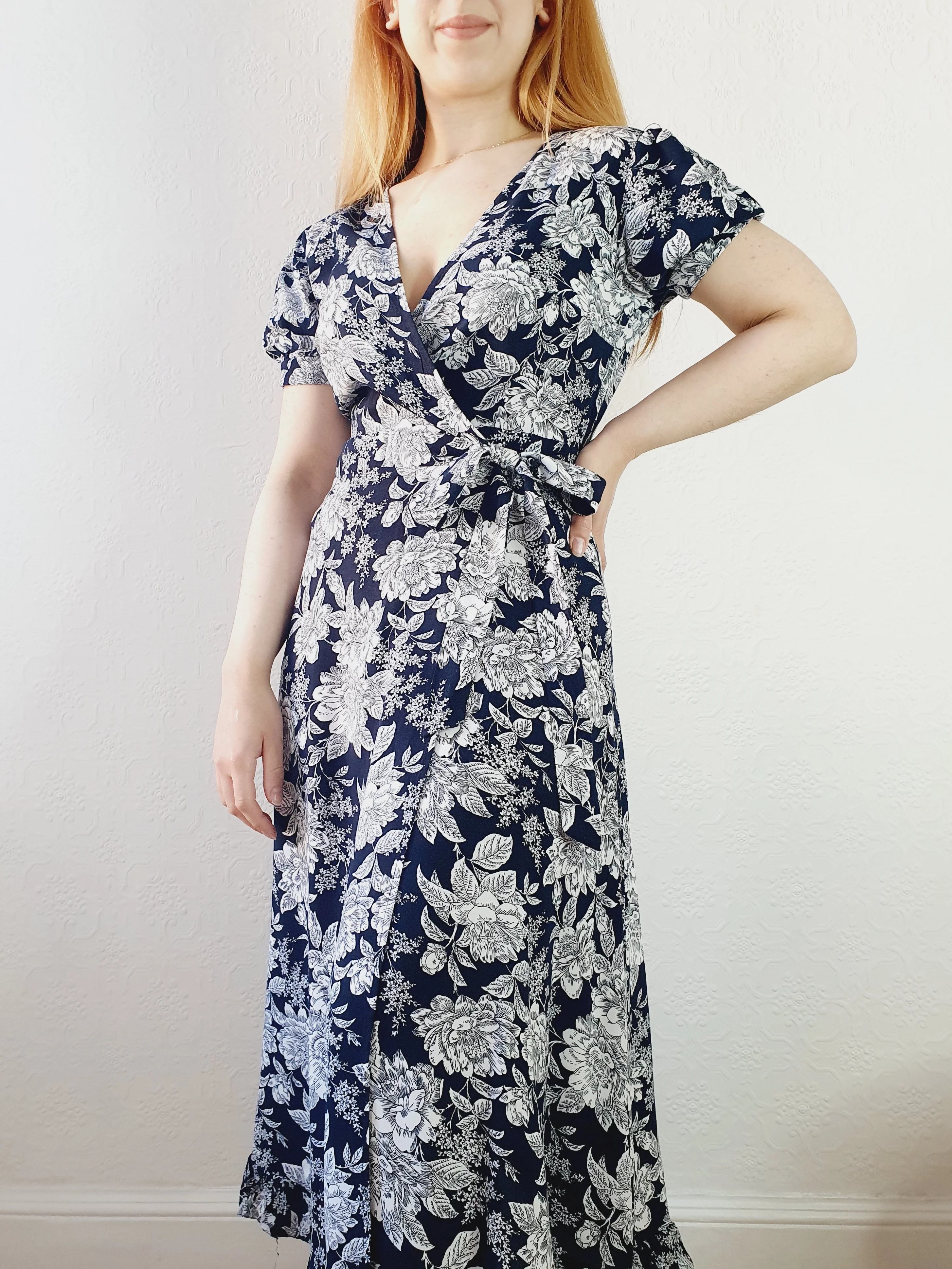 Navy & White Floral Wrap Dress - S