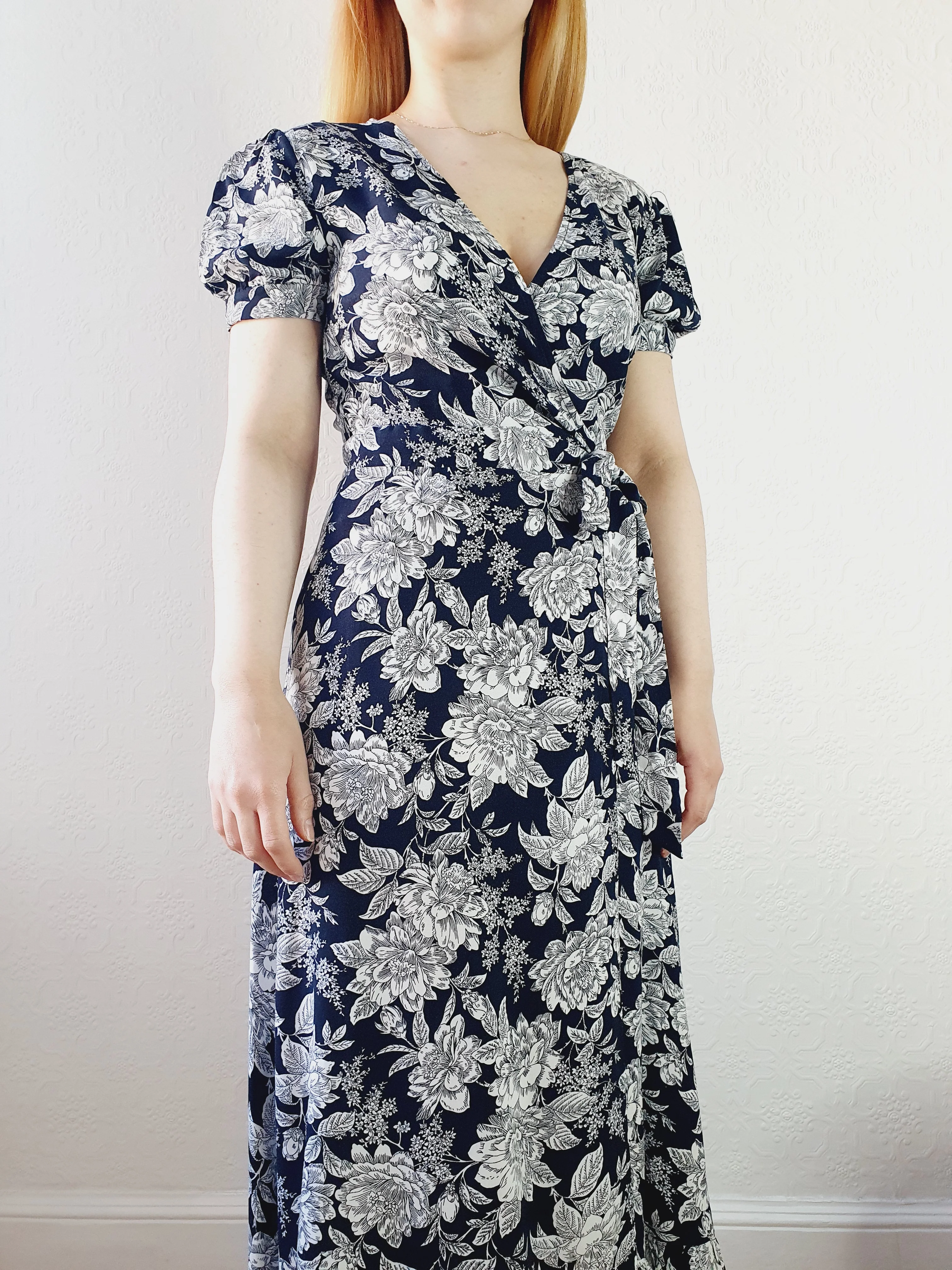 Navy & White Floral Wrap Dress - S - Image 2