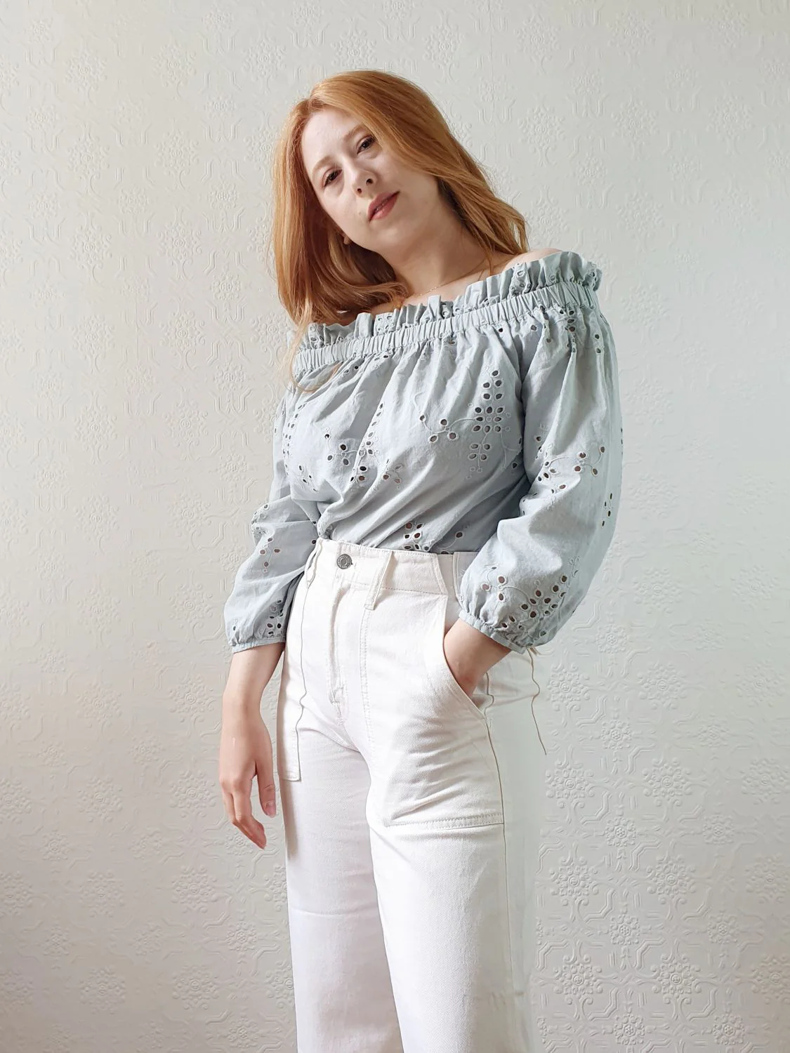 Off The Shoulder Broderie Anglaise Blouse - S/M - Image 2