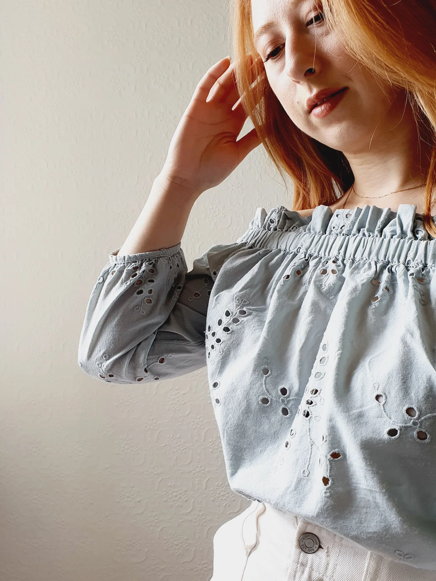 Off The Shoulder Broderie Anglaise Blouse - S/M - Image 3