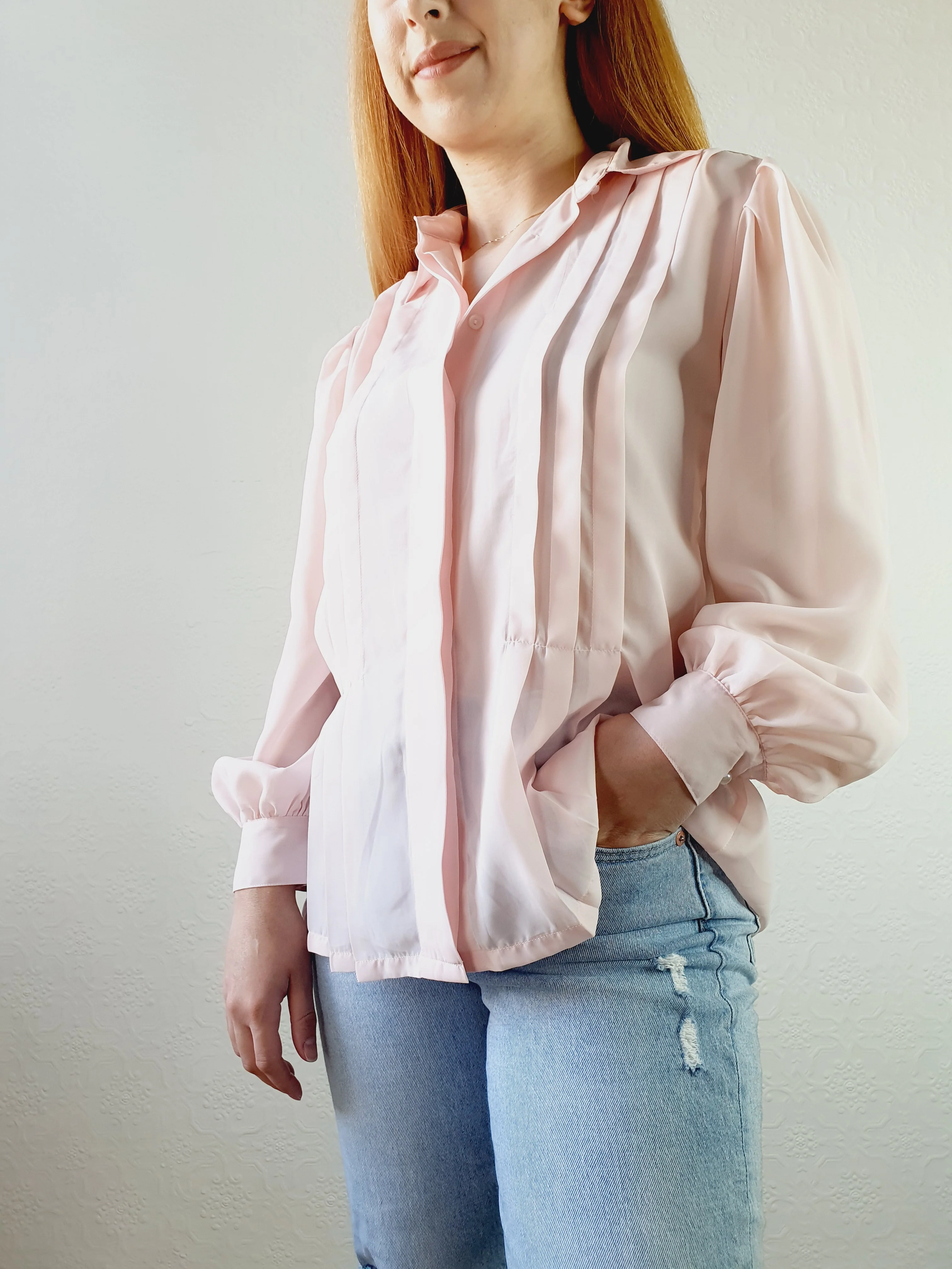 Pink Semi Sheer Blouse with Pleated Detail - M - Image 2