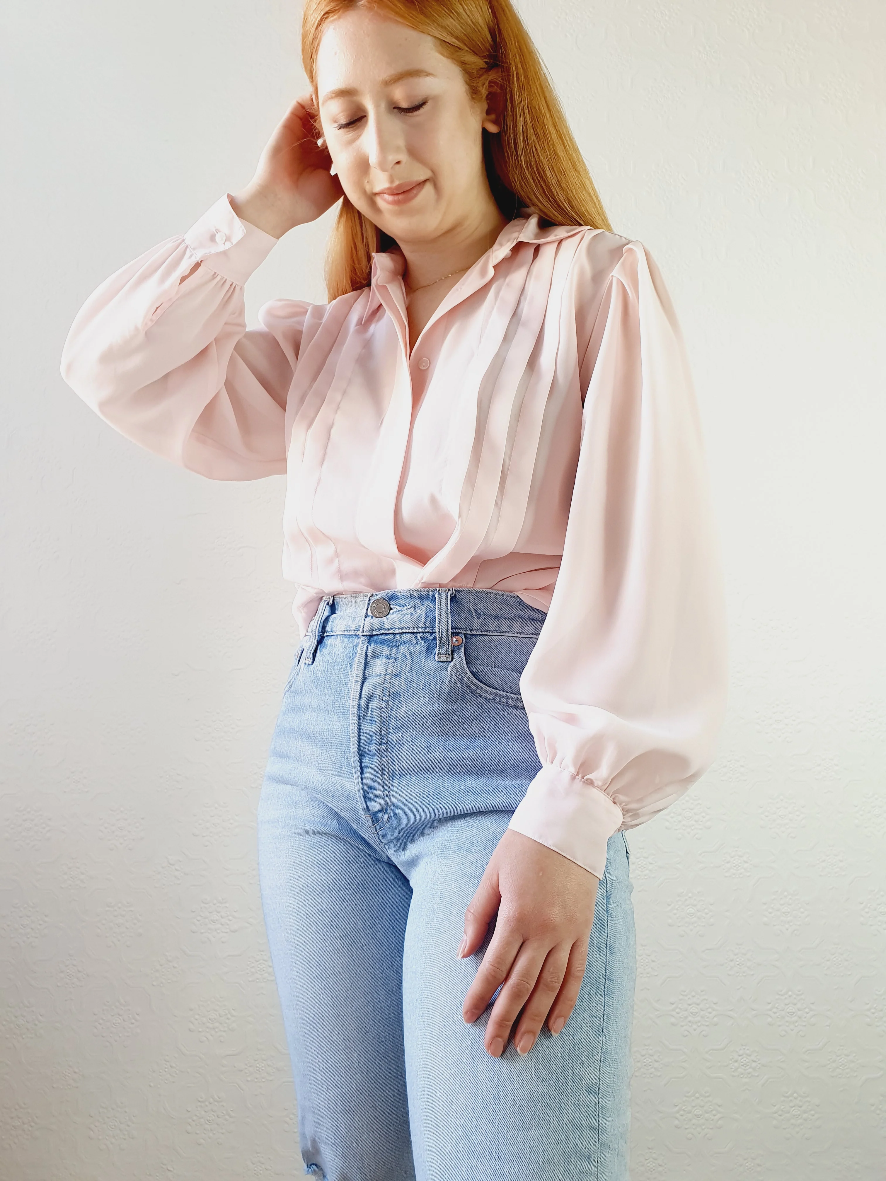 Pink Semi Sheer Blouse with Pleated Detail - M - Image 3