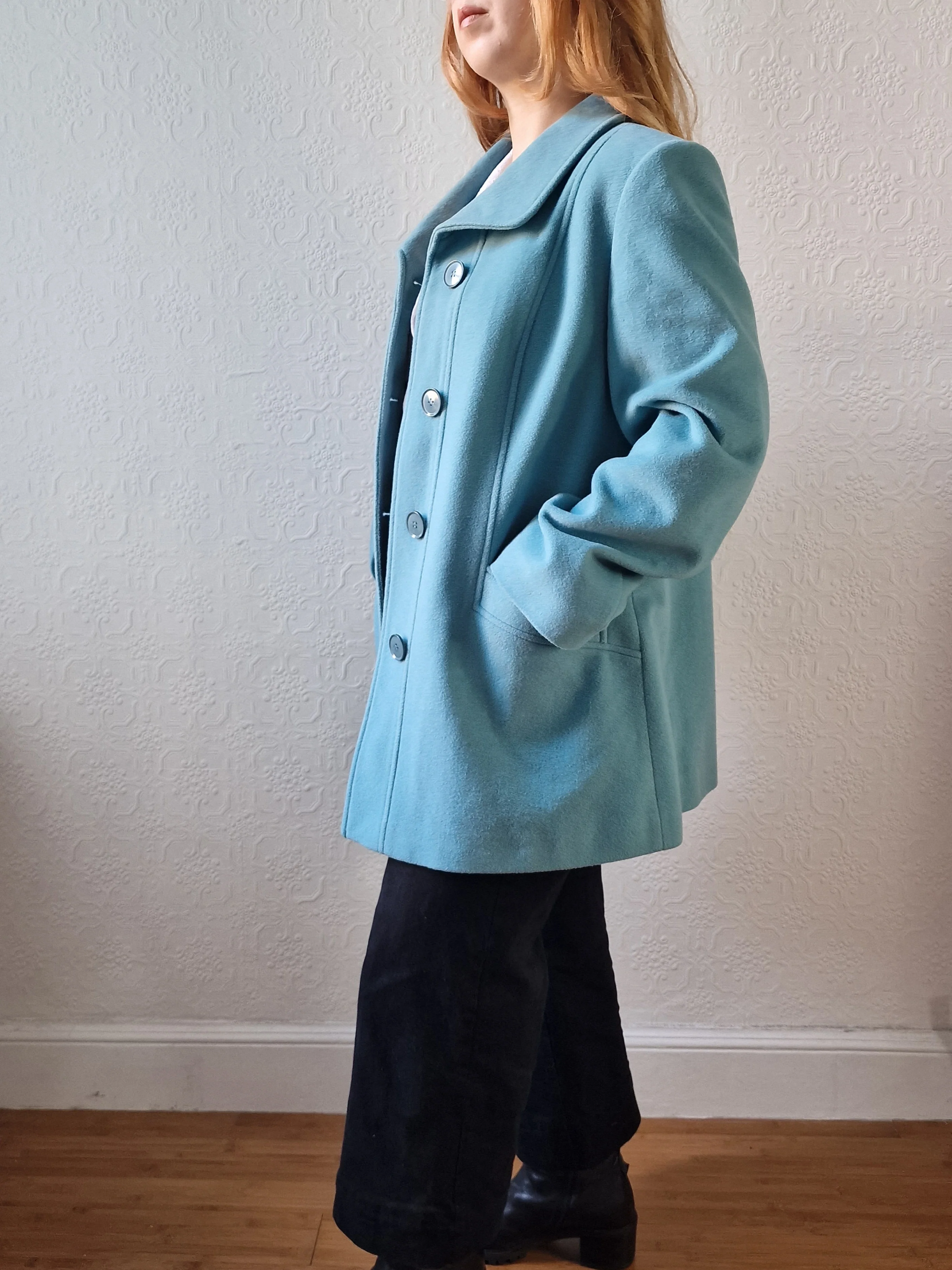 Preloved Blue Single Breasted Wool & Cashmere Coat - M/L - Image 4