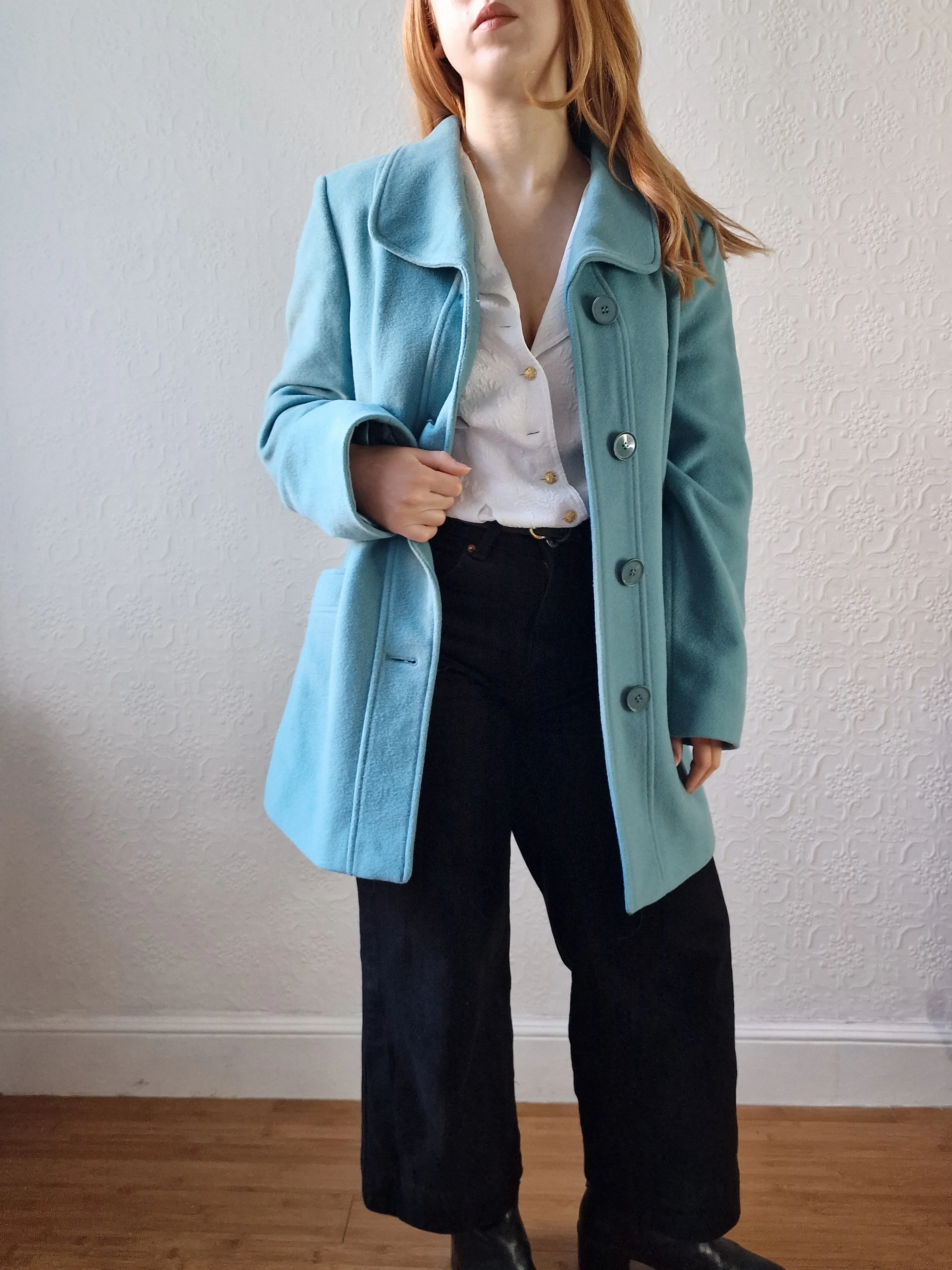 Preloved Blue Single Breasted Wool & Cashmere Coat - M/L - Image 7