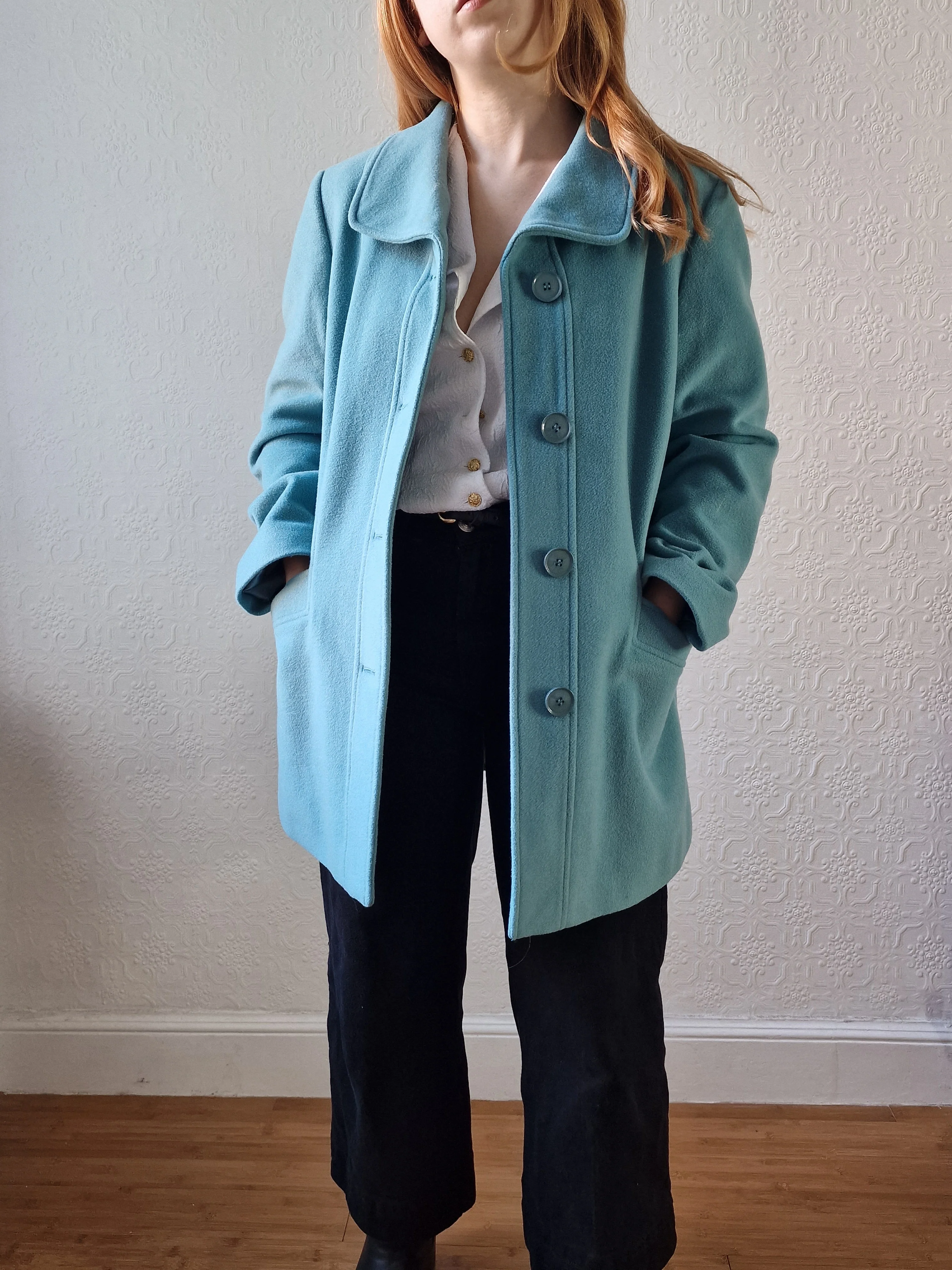 Preloved Blue Single Breasted Wool & Cashmere Coat - M/L - Image 8