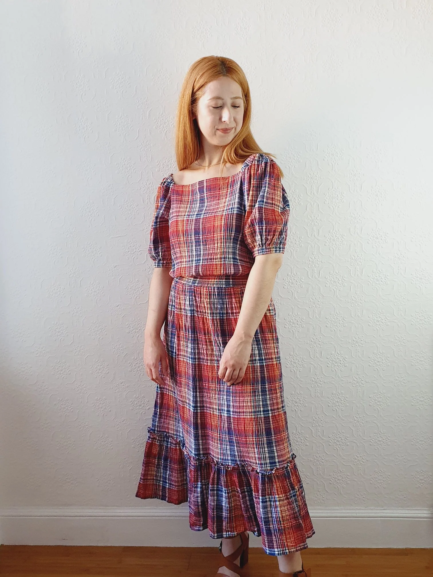 Preloved Checked Dress with Puff Sleeves - M - Image 2