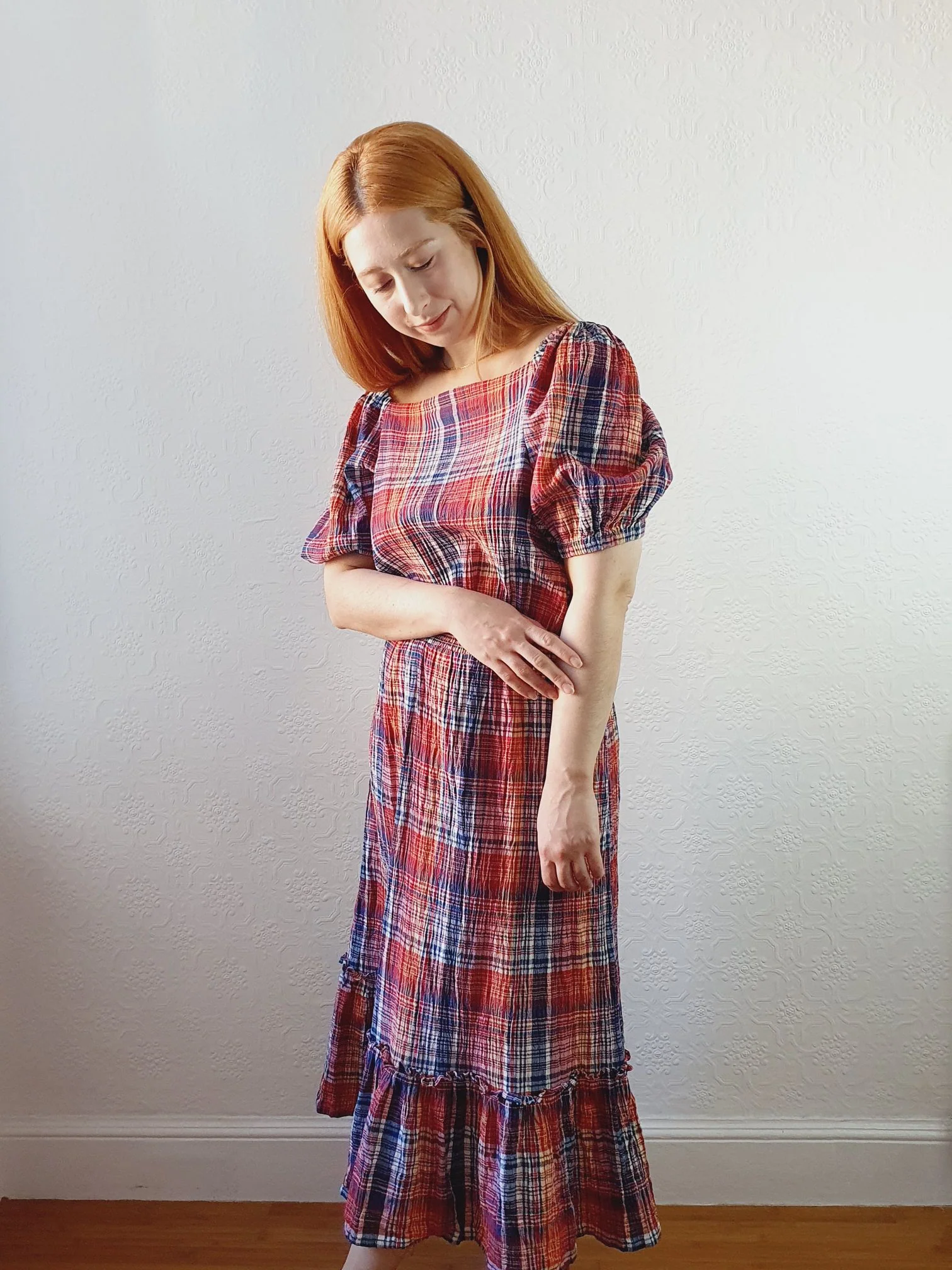 Preloved Checked Dress with Puff Sleeves - M - Image 3
