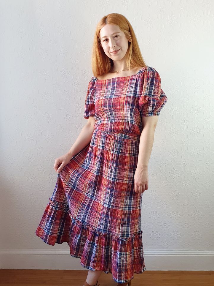 Preloved Checked Dress with Puff Sleeves - M - Image 4
