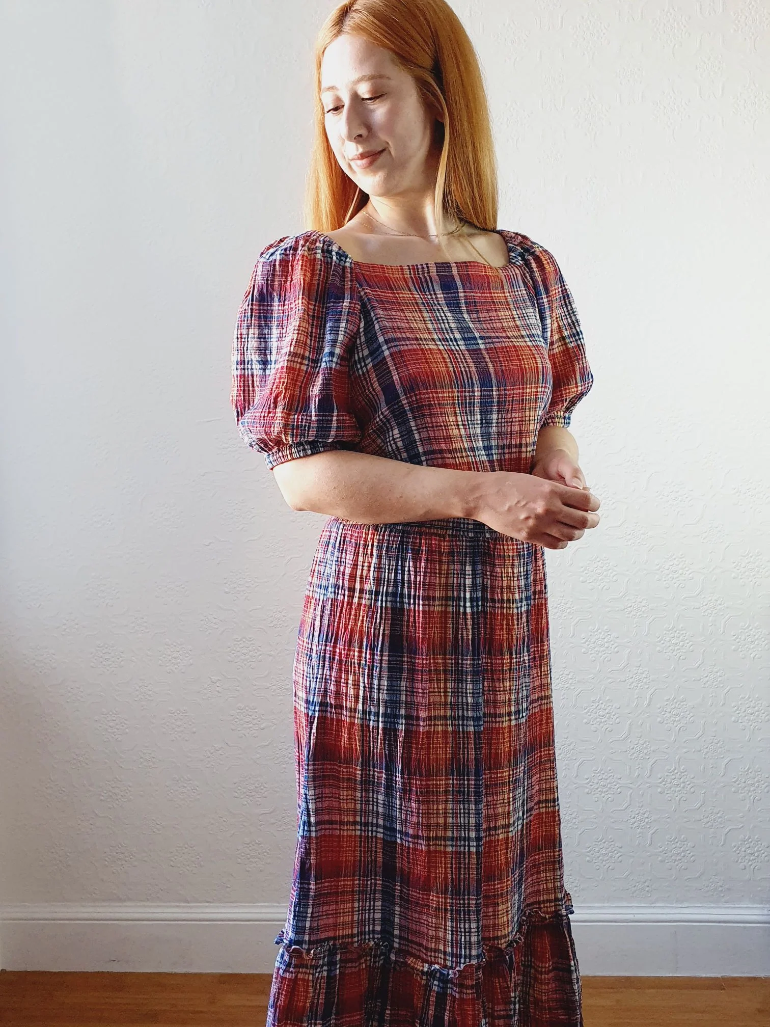 Preloved Checked Dress with Puff Sleeves - M - Image 5