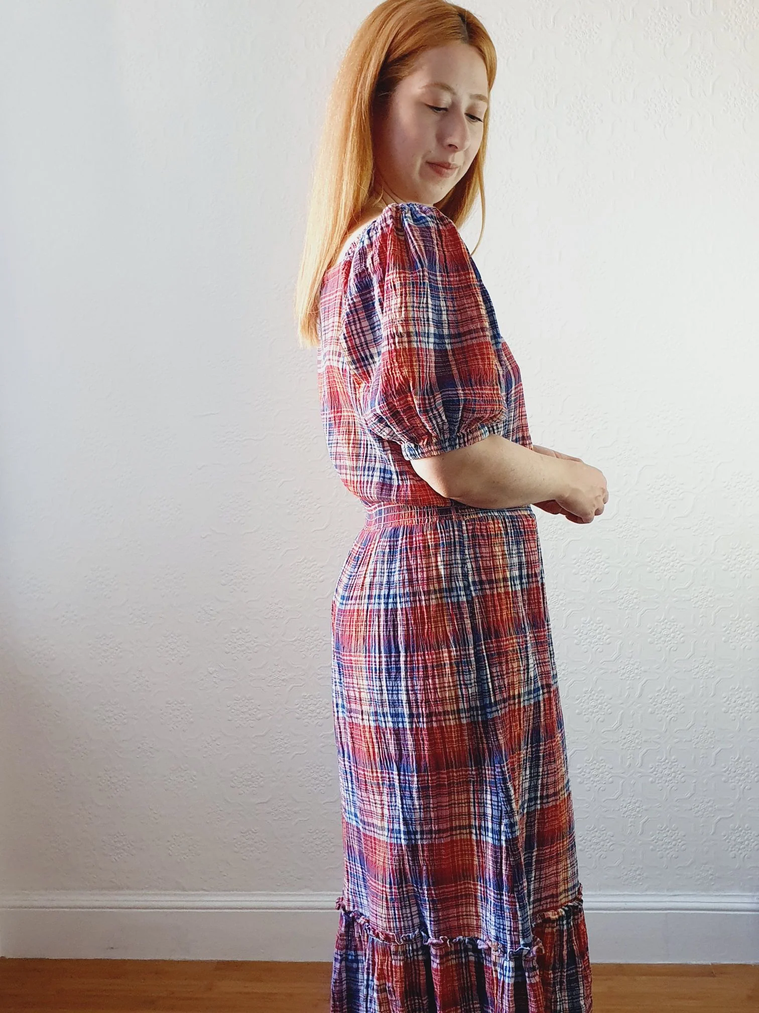 Preloved Checked Dress with Puff Sleeves - M - Image 6
