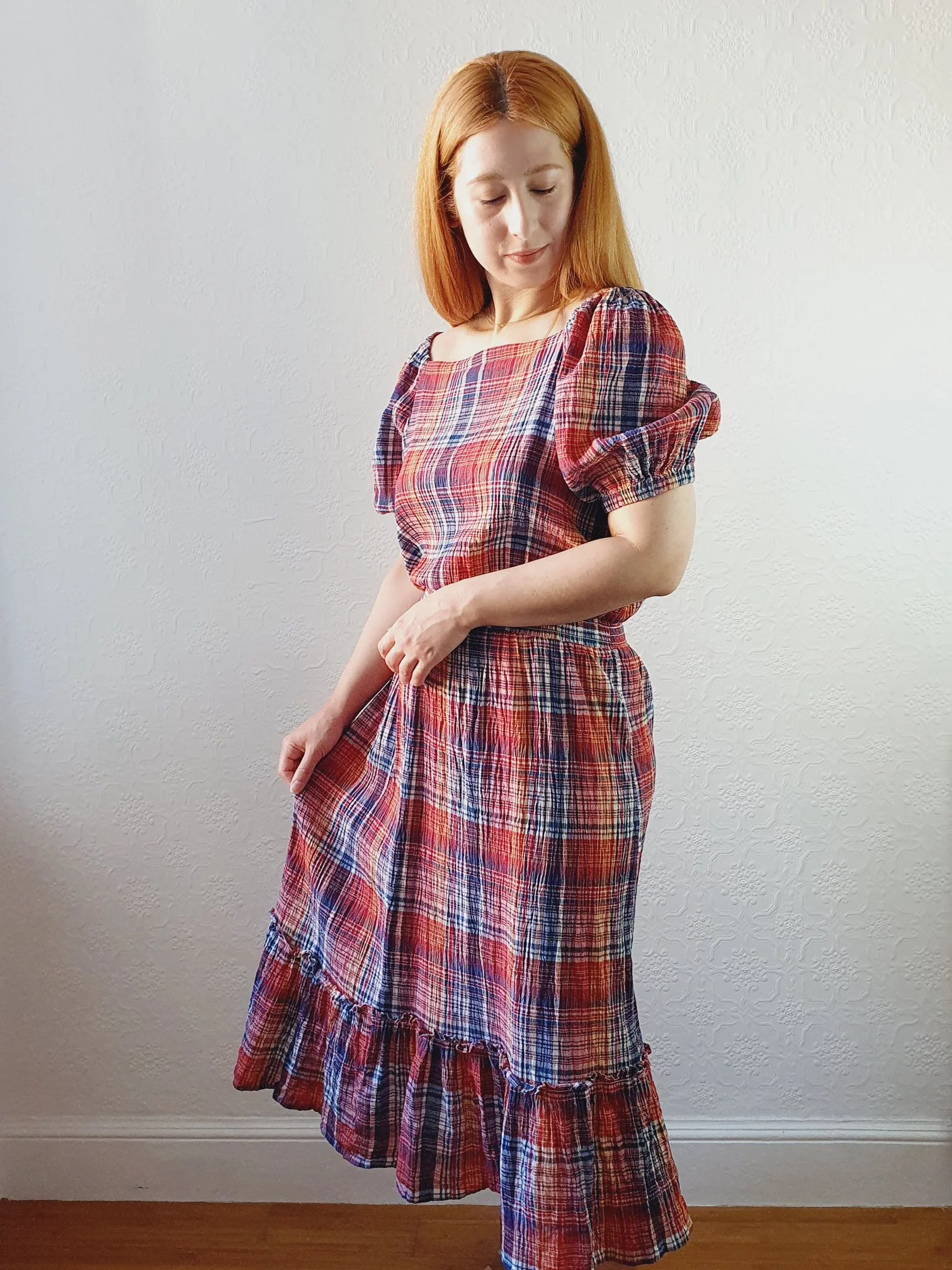 Preloved Checked Dress with Puff Sleeves - M - Image 7