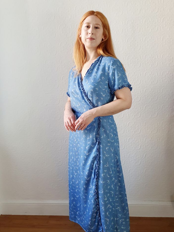 Preloved Denim Floral Wrap Dress - M
