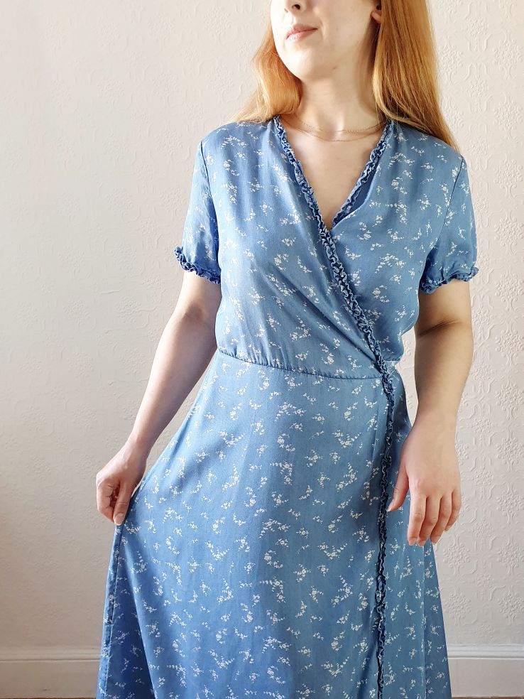Preloved Denim Floral Wrap Dress - M - Image 10