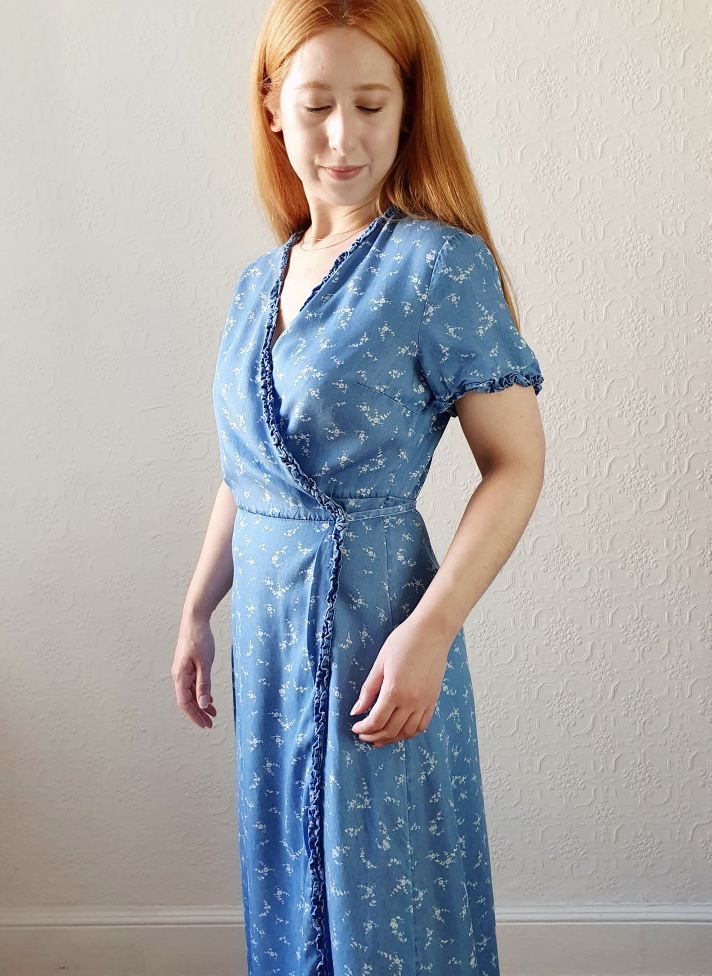 Preloved Denim Floral Wrap Dress - M - Image 2