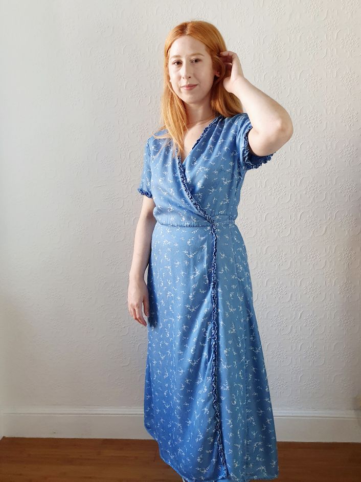 Preloved Denim Floral Wrap Dress - M - Image 3