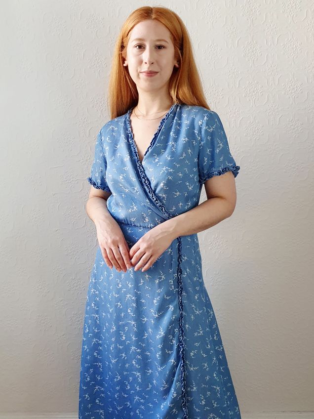 Preloved Denim Floral Wrap Dress - M - Image 4