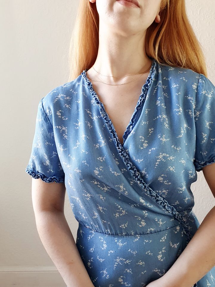 Preloved Denim Floral Wrap Dress - M - Image 5