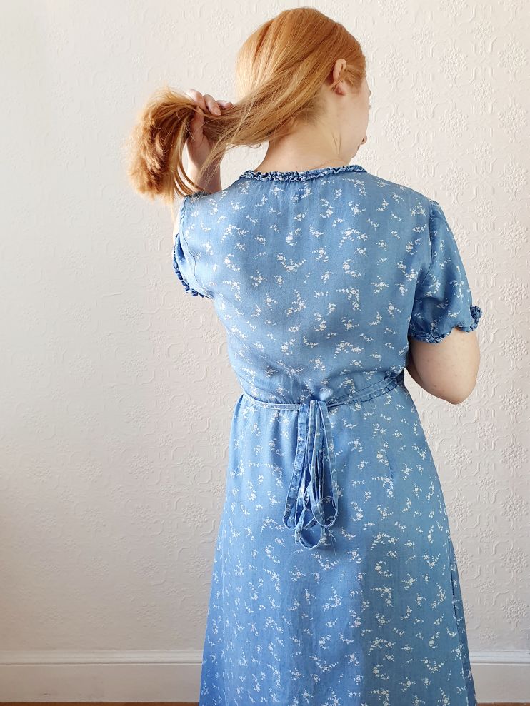 Preloved Denim Floral Wrap Dress - M - Image 6