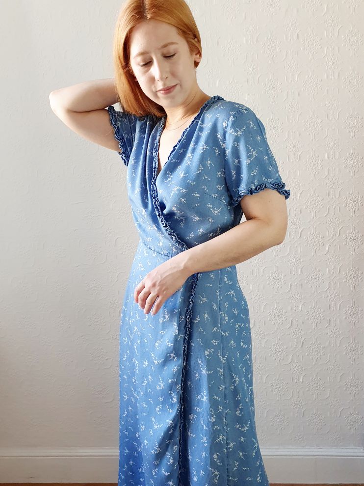 Preloved Denim Floral Wrap Dress - M - Image 7