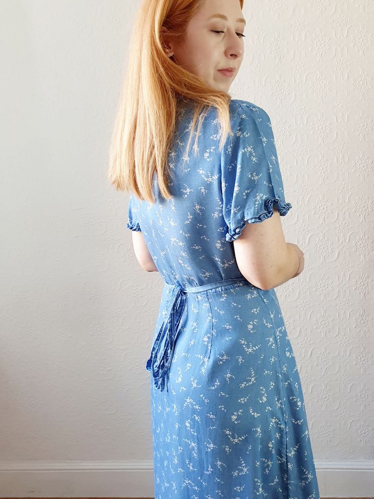 Preloved Denim Floral Wrap Dress - M - Image 8