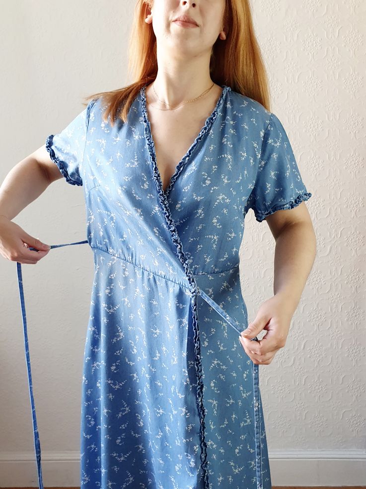 Preloved Denim Floral Wrap Dress - M - Image 9